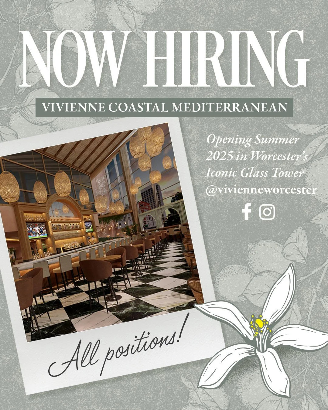 Niche Hospitality Group is excited to announce the opening, and hiring, for one of our most ambitious projects to date. Vivienne Coastal Mediterranean opens this summer in Worcester's iconic glass tower located at 446 Main Street. ⁠
⁠
We're hiring a 