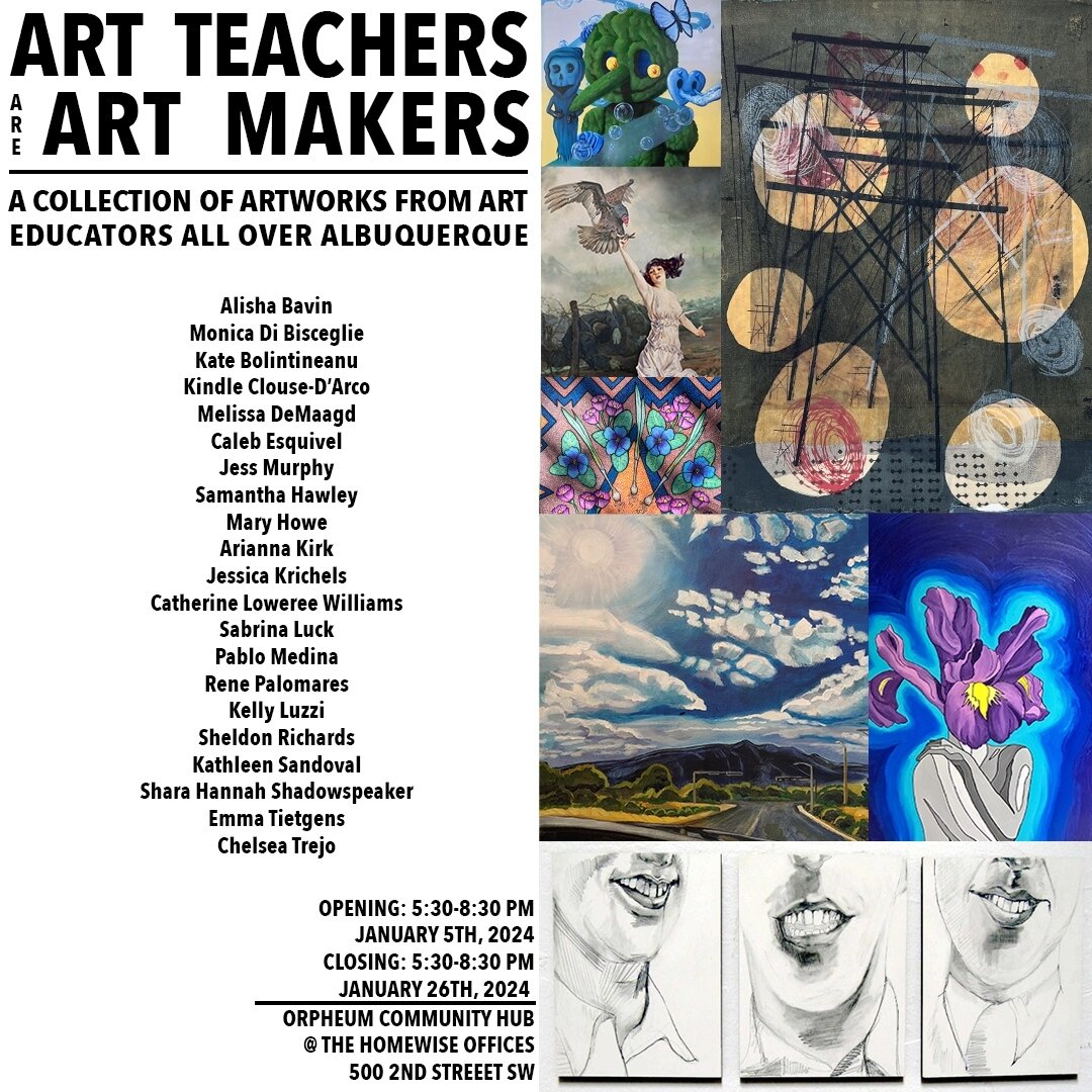 Join us next Friday for @abqartwalk for the group show Art Teachers Are Art Makers featuring 21 art educators from around Albuquerque! 5:30-8:30pm #orpheumcommunityhub #abqartwalk #arteducators