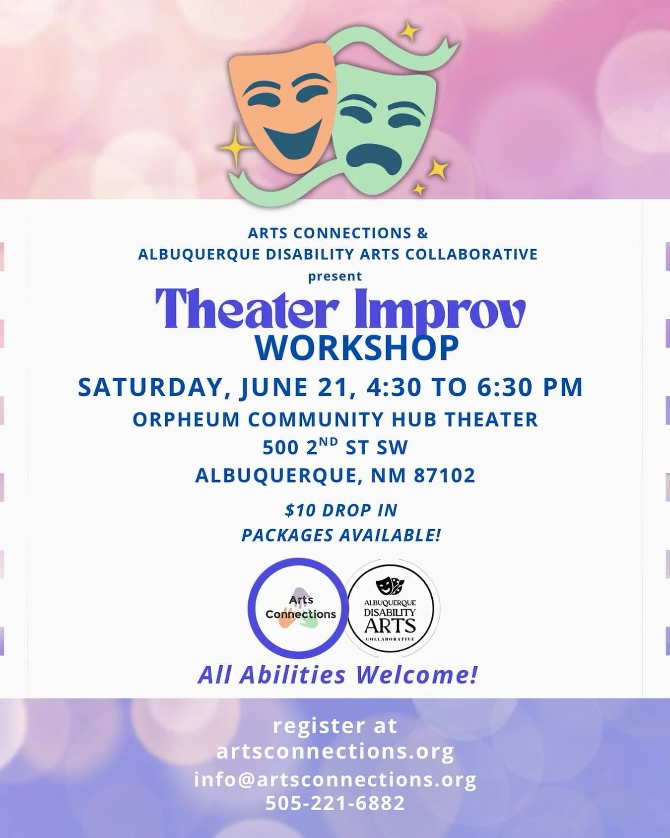 Join @connectionsarts and the Albuquerque Disability Arts Collaborative this Saturday, June 21st from 4:30-6:30pm for a Theater Improv Workshop here at the Orpheum Community Hub! All abilities welcome! $10 drop in. Register at artsconnections.org