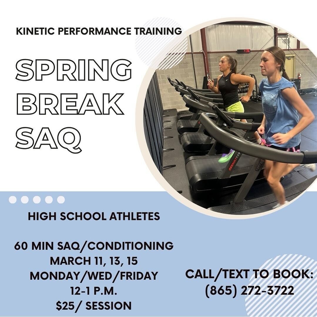🚨High School Athletes🚨

Work on speed and conditioning over spring break!
Jump in a 60 min SAQ session 

Space is limited, book your workout NOW!

#kpt #runlifttrain #saq