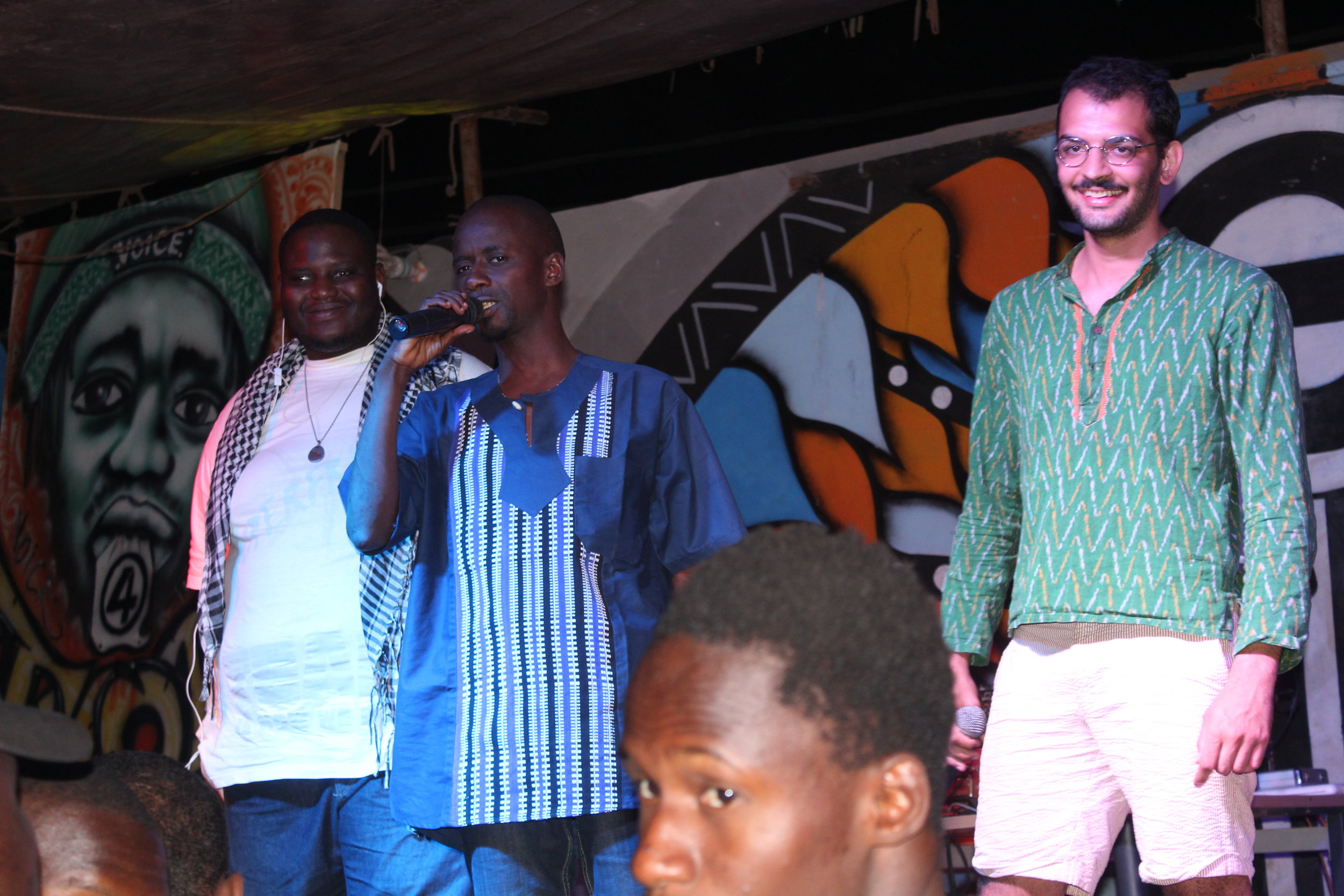  Director Nico Pimparé (right) taking a bow with high-profile Senegalese rapper Fou Malade of Y’en a Marre 