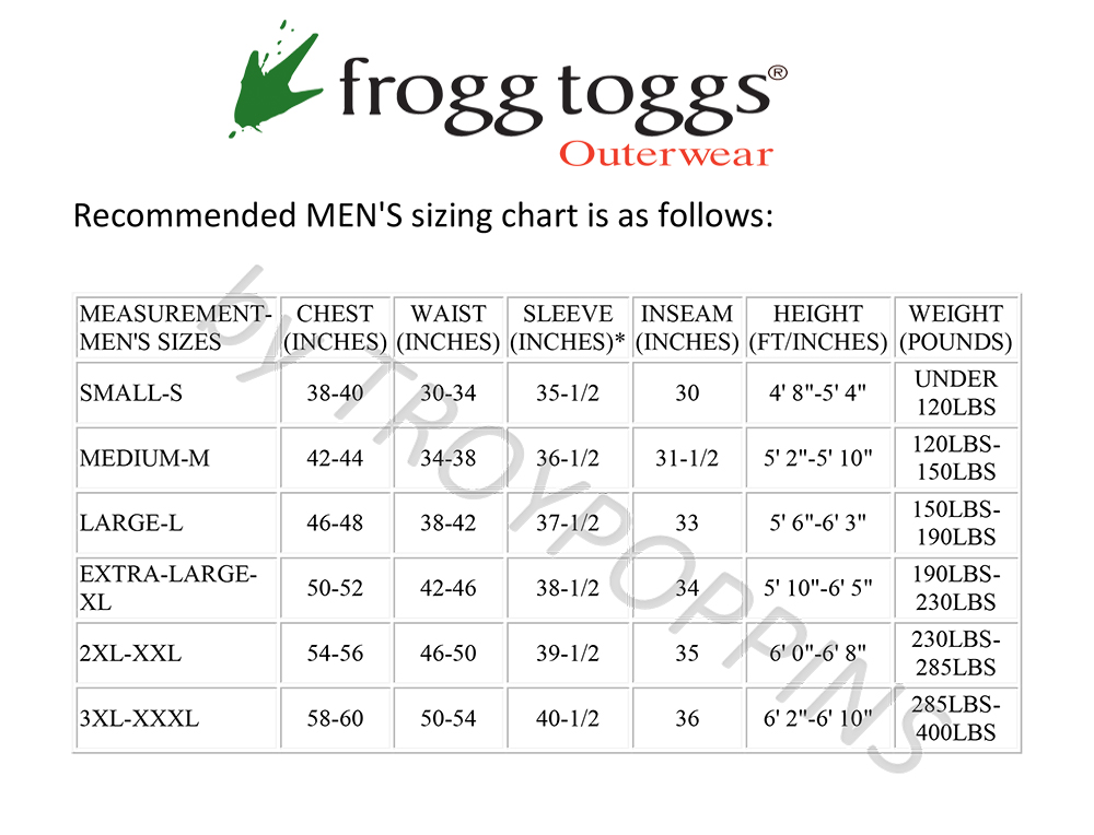 Frogg Toggs Pants Size Chart