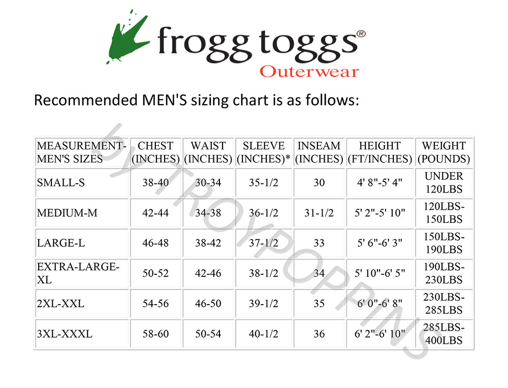 Frogg Toggs Size Chart