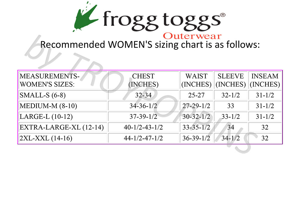 Frogg Toggs Size Chart