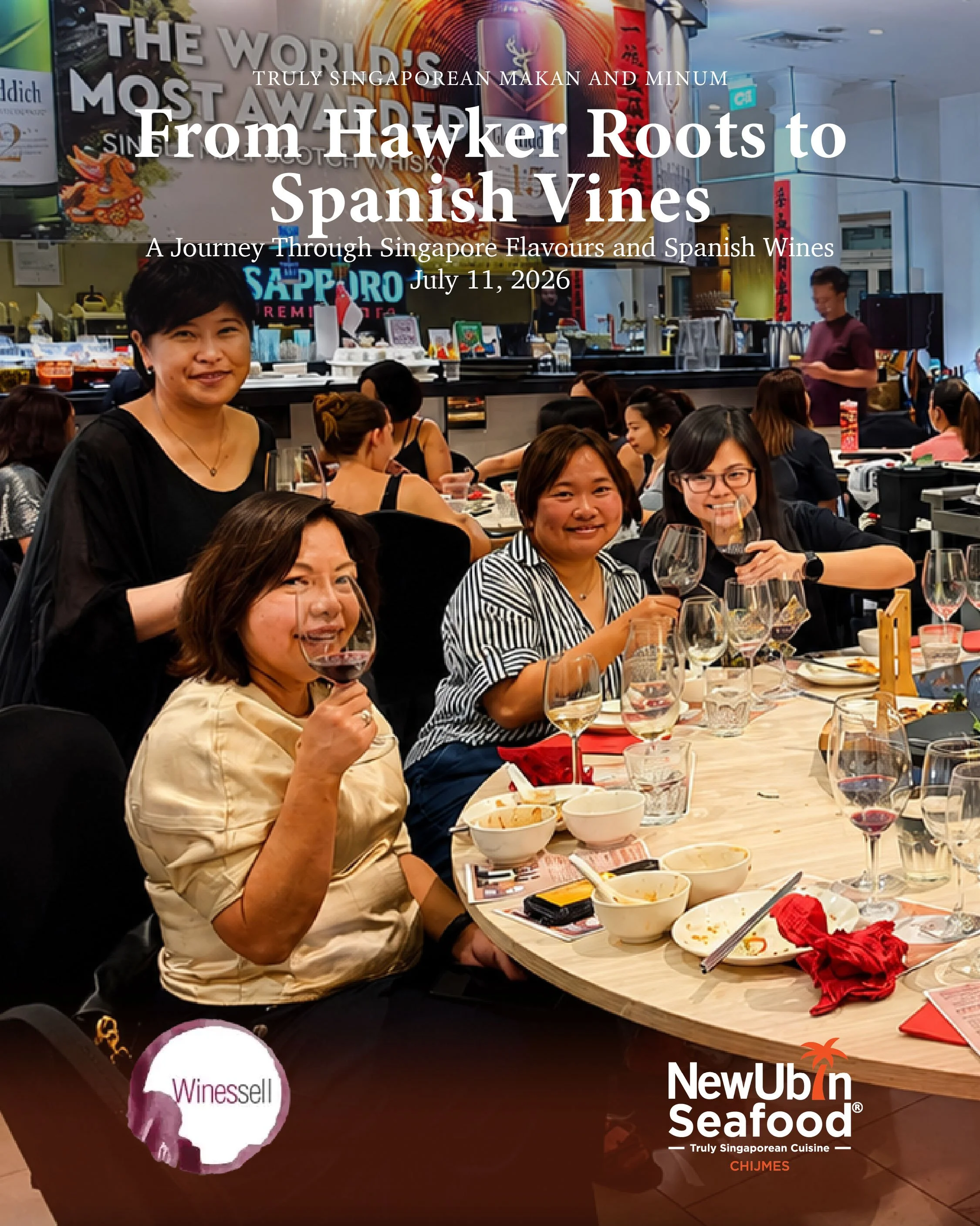 Guests toasting at a Spanish Wine Pairing dinner at New Ubin Seafood CHIJMES.