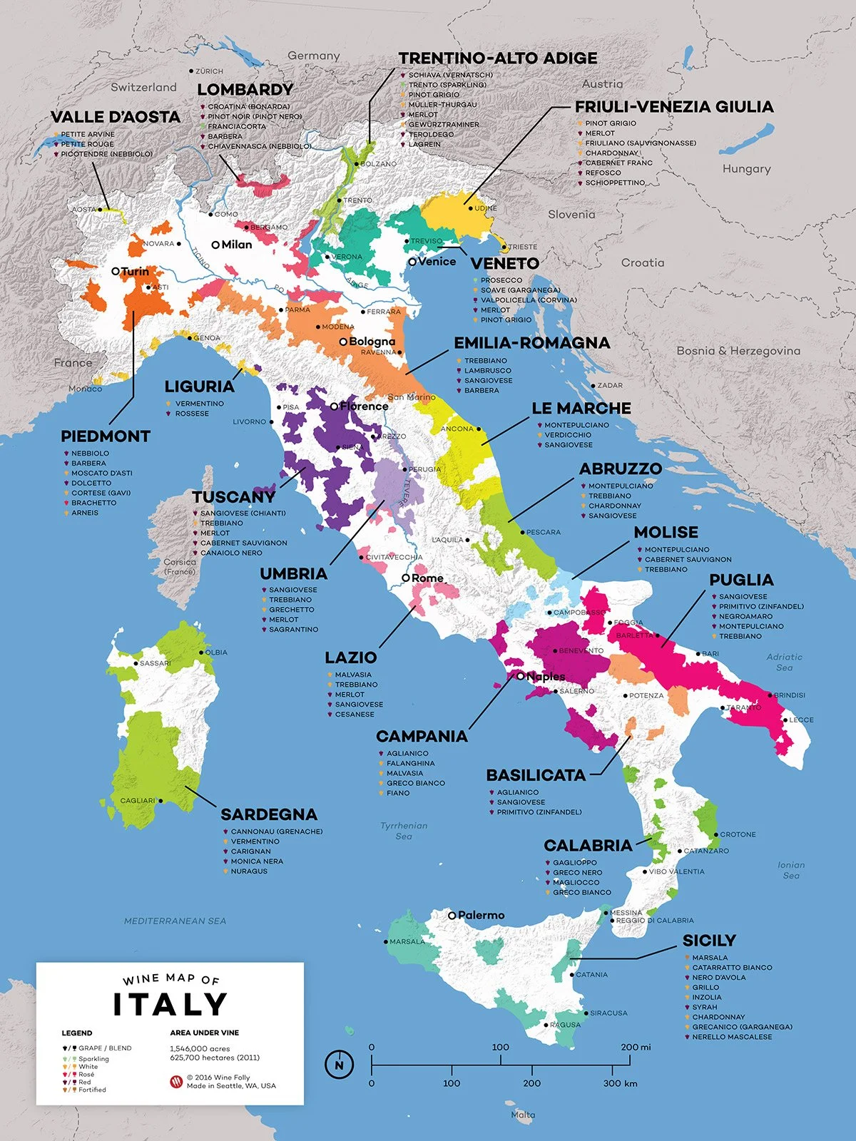 Detailed wine map of Italy showing major wine regions including Tuscany Piedmont Veneto Sicily and Sardinia with key grape varieties and appellations across the country