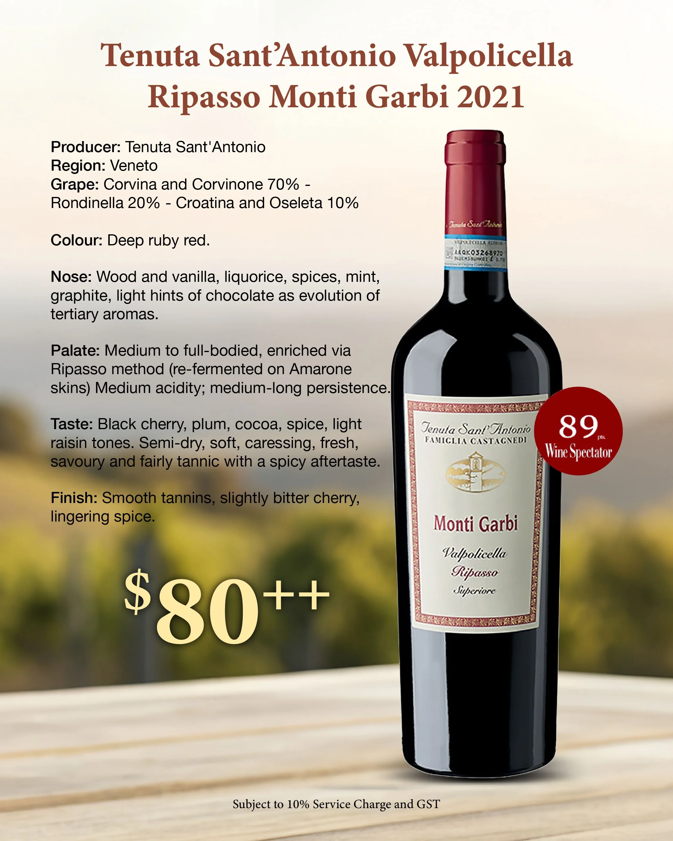 Tenuta Sant Antonio Valpolicella Ripasso Monti Garbi 2021 Italian red wine with black cherry plum spice and cocoa flavors medium full body from Veneto priced at 80 dollars