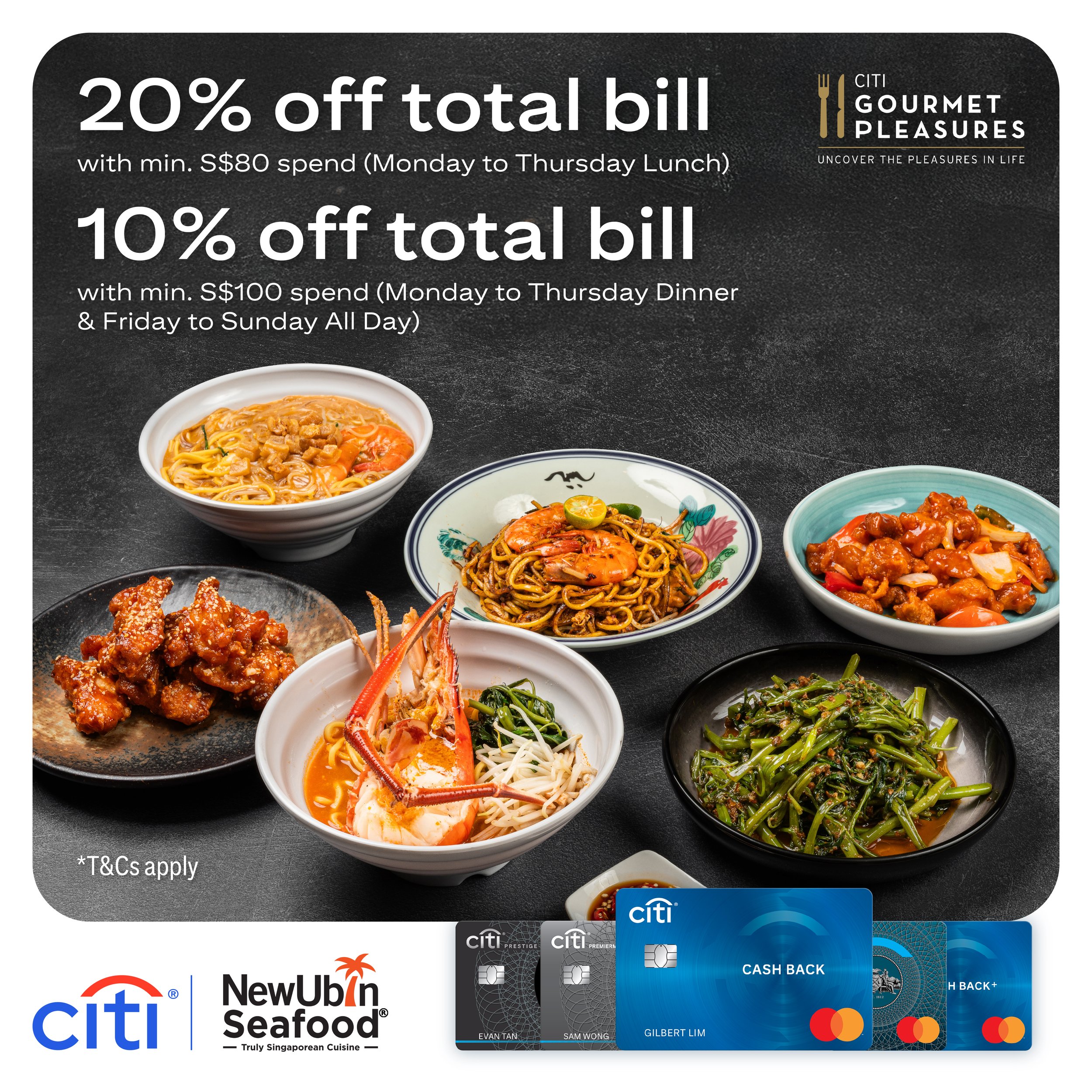 CITIBANK YEARLONG DISCOUNT
Monday-Thursday Lunch ONLY: 20% OFF Total Bill 
(Minimum Spend $80)
Monday-Thursday DINNER and Friday-Sunday ALL DAY: 10% OFF Total Bill
(Minimum Spend $100)