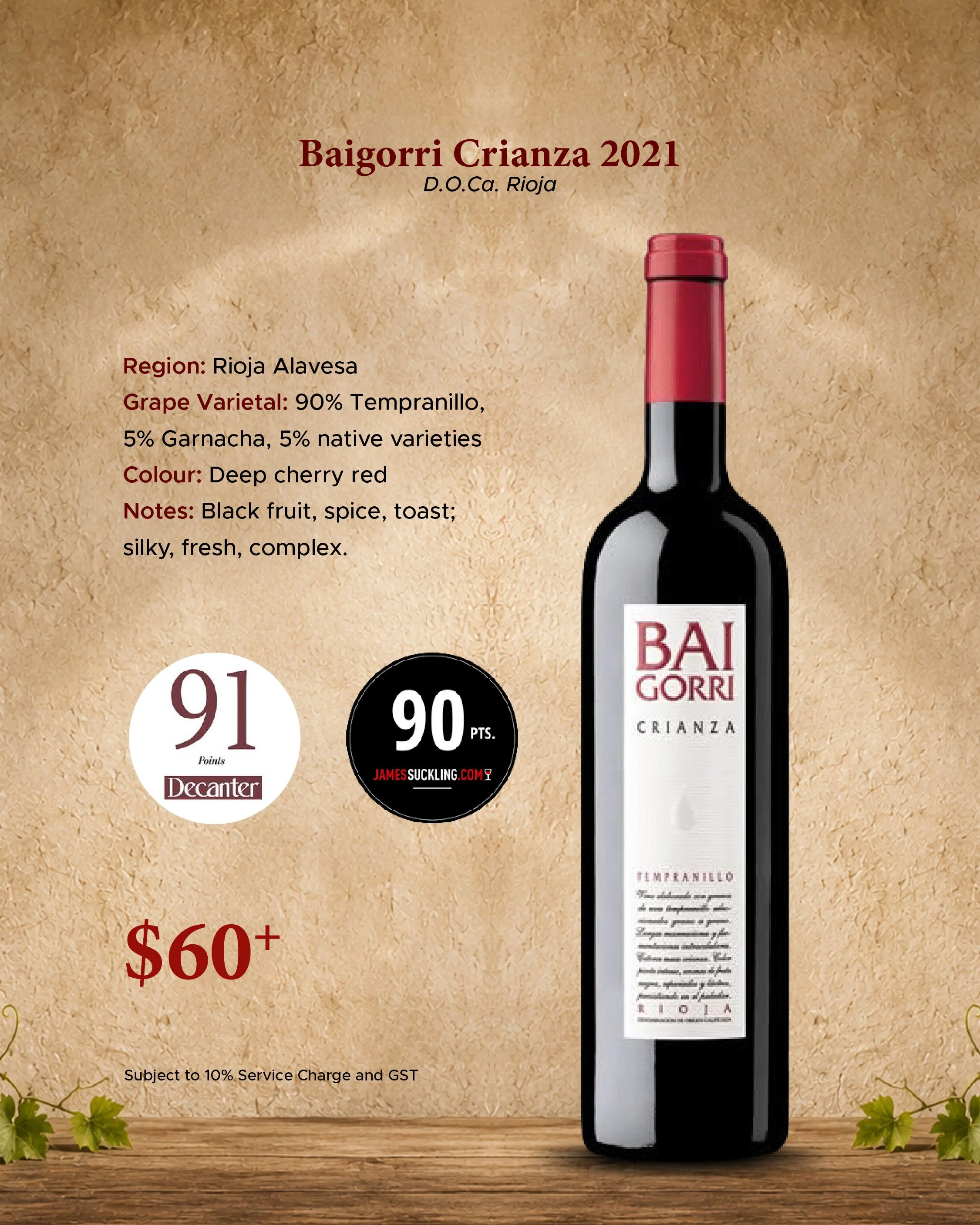 Baigorri Crianza 2021 Rioja red wine bottle with Tempranillo-based blend, offering black fruit, spice and toast flavors, rated by Decanter and James Suckling, priced at $60+.