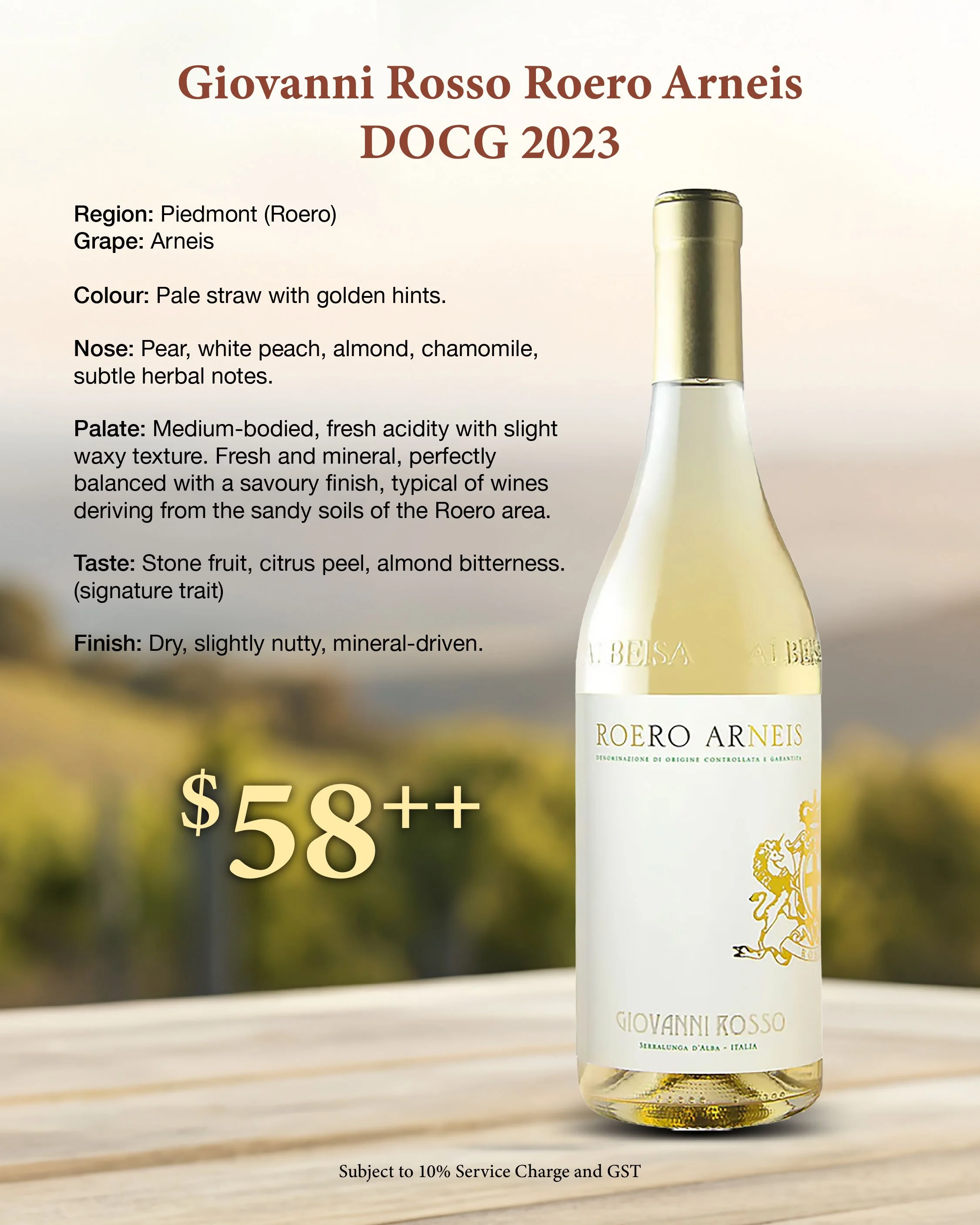Giovanni Rosso Roero Arneis DOCG 2023 white wine from Piedmont Italy with pear white peach and almond notes medium body and mineral finish priced at 58 dollars
