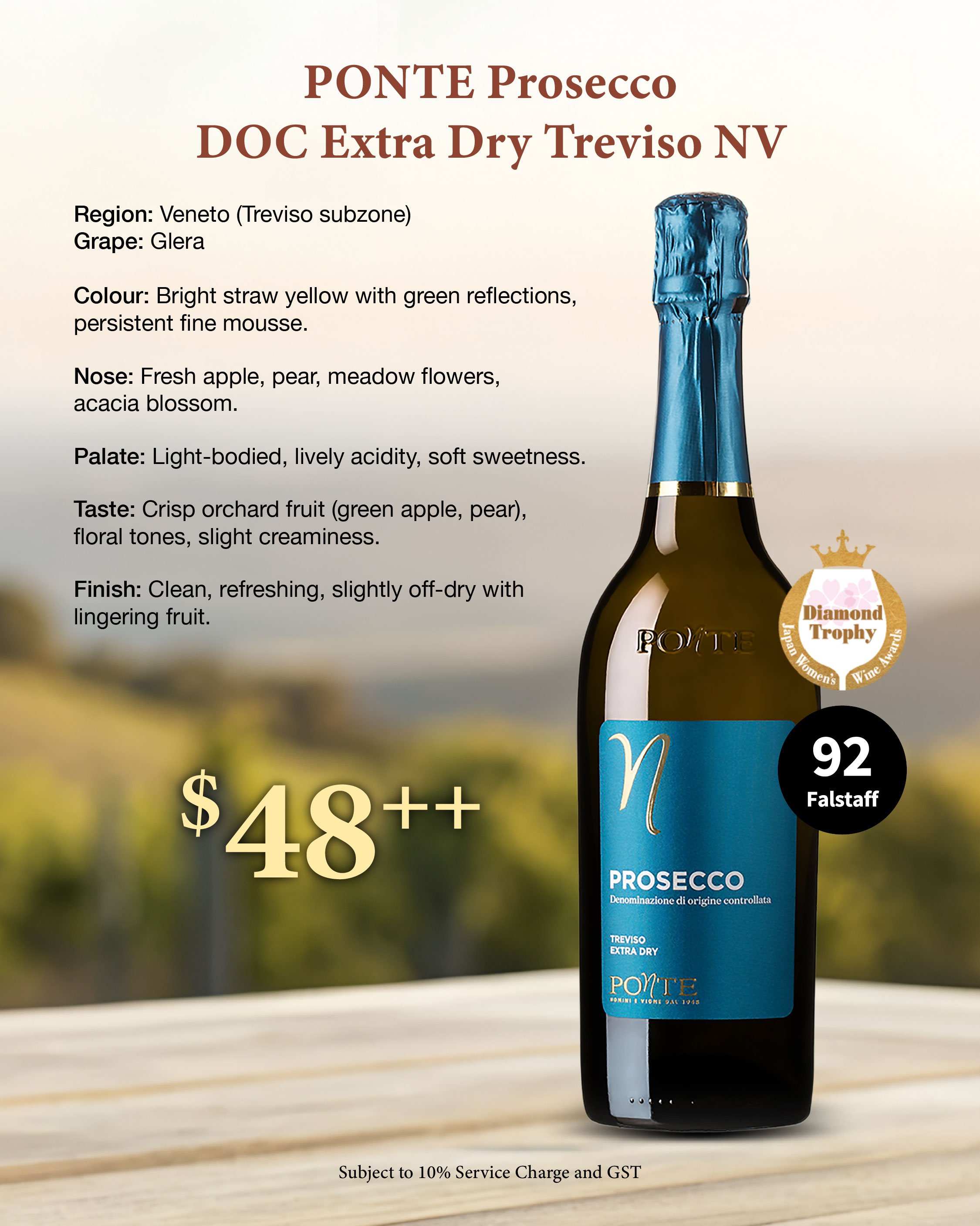 Ponte Prosecco DOC Extra Dry Treviso NV sparkling wine bottle from Veneto Italy with tasting notes of green apple pear and floral aromas priced at 48 dollars