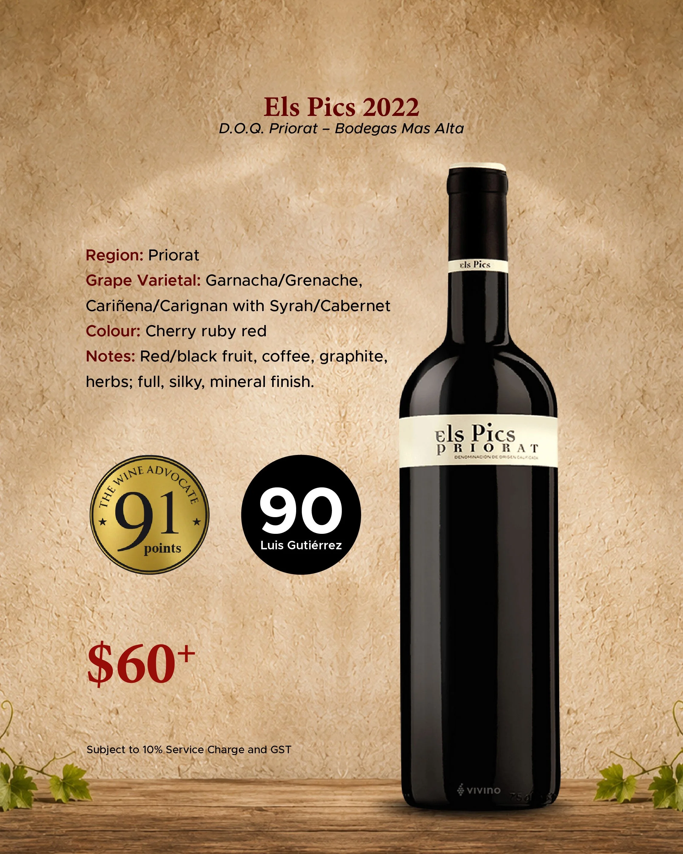 Els Pics 2022 red wine from Priorat, Spain, made from Garnacha, Cariñena, Syrah and Cabernet grapes, showing red and black fruit, coffee and graphite notes, priced at $60+.