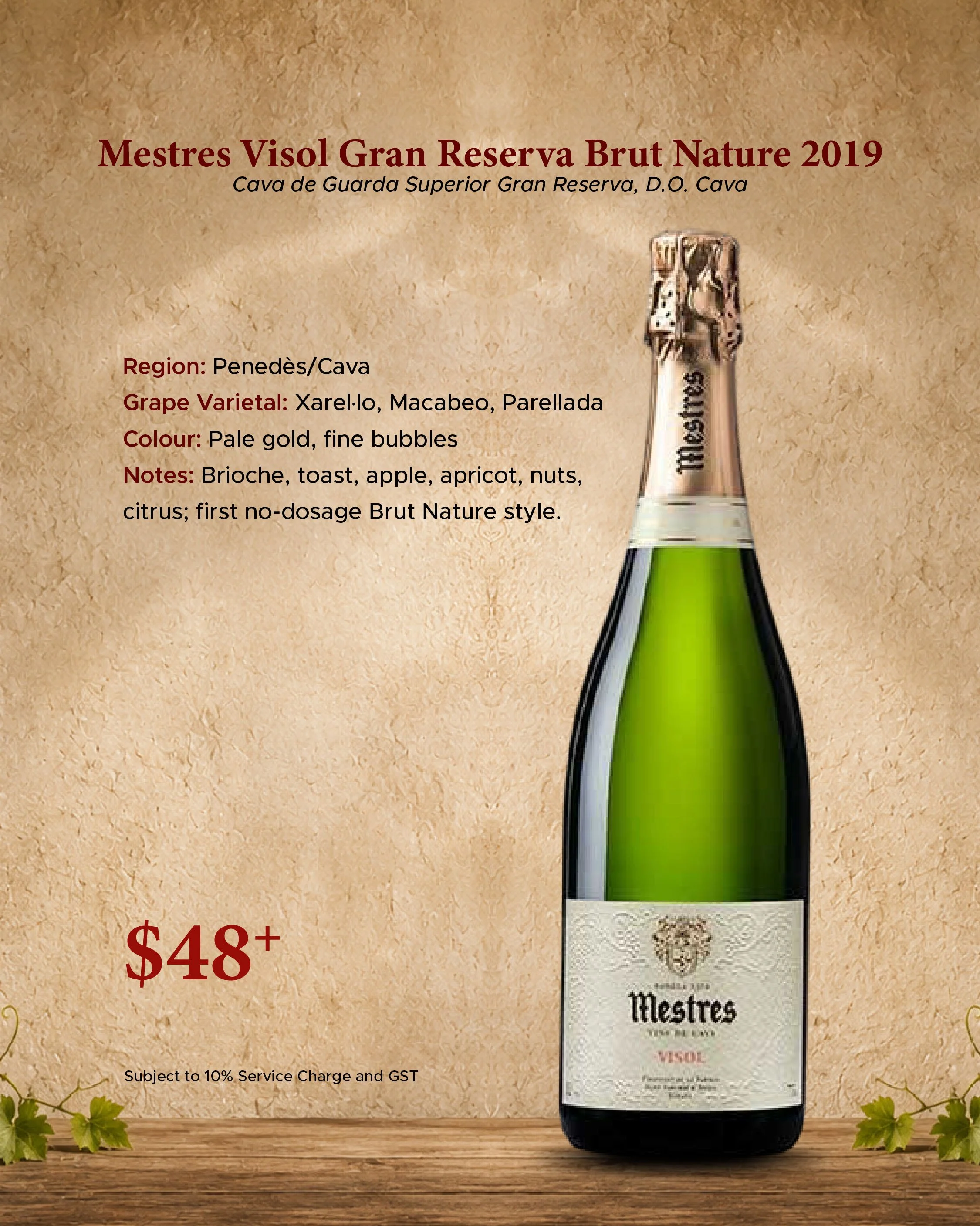 Mestres Visol Gran Reserva Brut Nature 2019 Spanish Cava sparkling wine bottle with tasting notes of brioche, toast, apple, apricot, nuts, and citrus, priced at $48+.