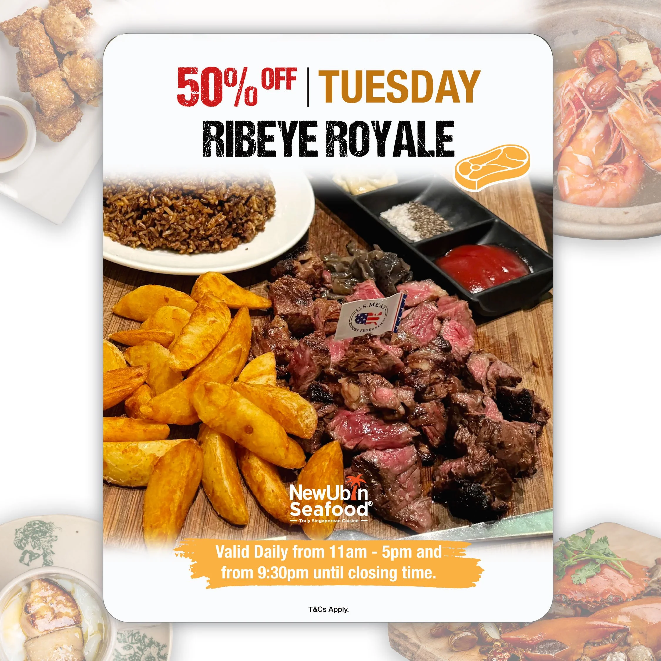 Tuesday Promo —

50% OFF Ribeye Royale 🥩

Treat yourself to a premium steak experience every Tuesday at New Ubin Seafood with our 50% OFF Ribeye Royale deal. Enjoy tender, juicy ribeye steak served with hearty sides and rich flavours — perfect for s