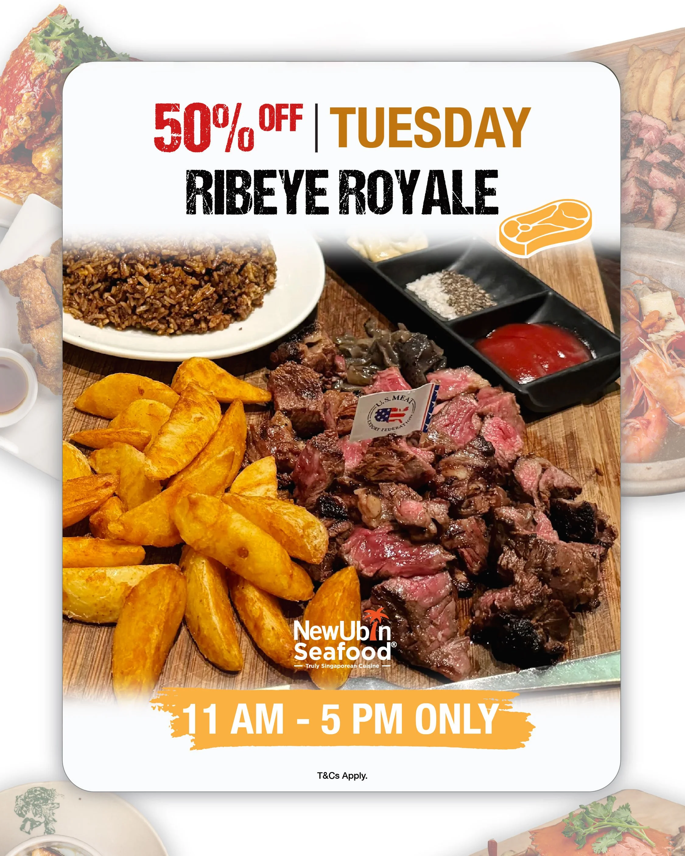 ribeye steak Singapore 50 percent off Tuesday New Ubin Seafood ribeye royale lunch promotion with fries