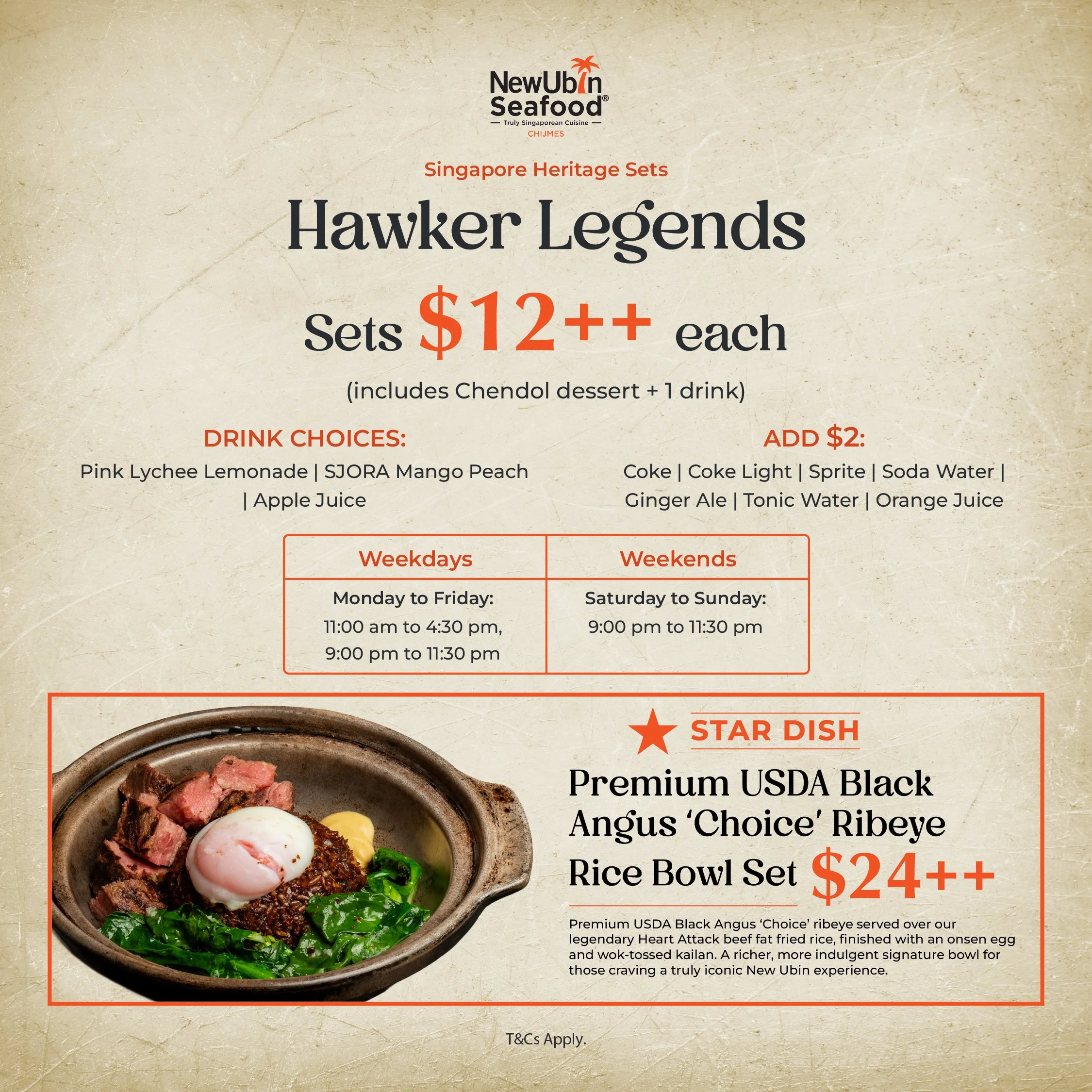 Experience authentic Singapore flavors with New Ubin Seafood CHIJMES’ Hawker Legends Heritage Sets from just $12++. Available weekdays and weekends, each set comes with refreshing drink options—perfect for affordable local dining in the heart of Sing