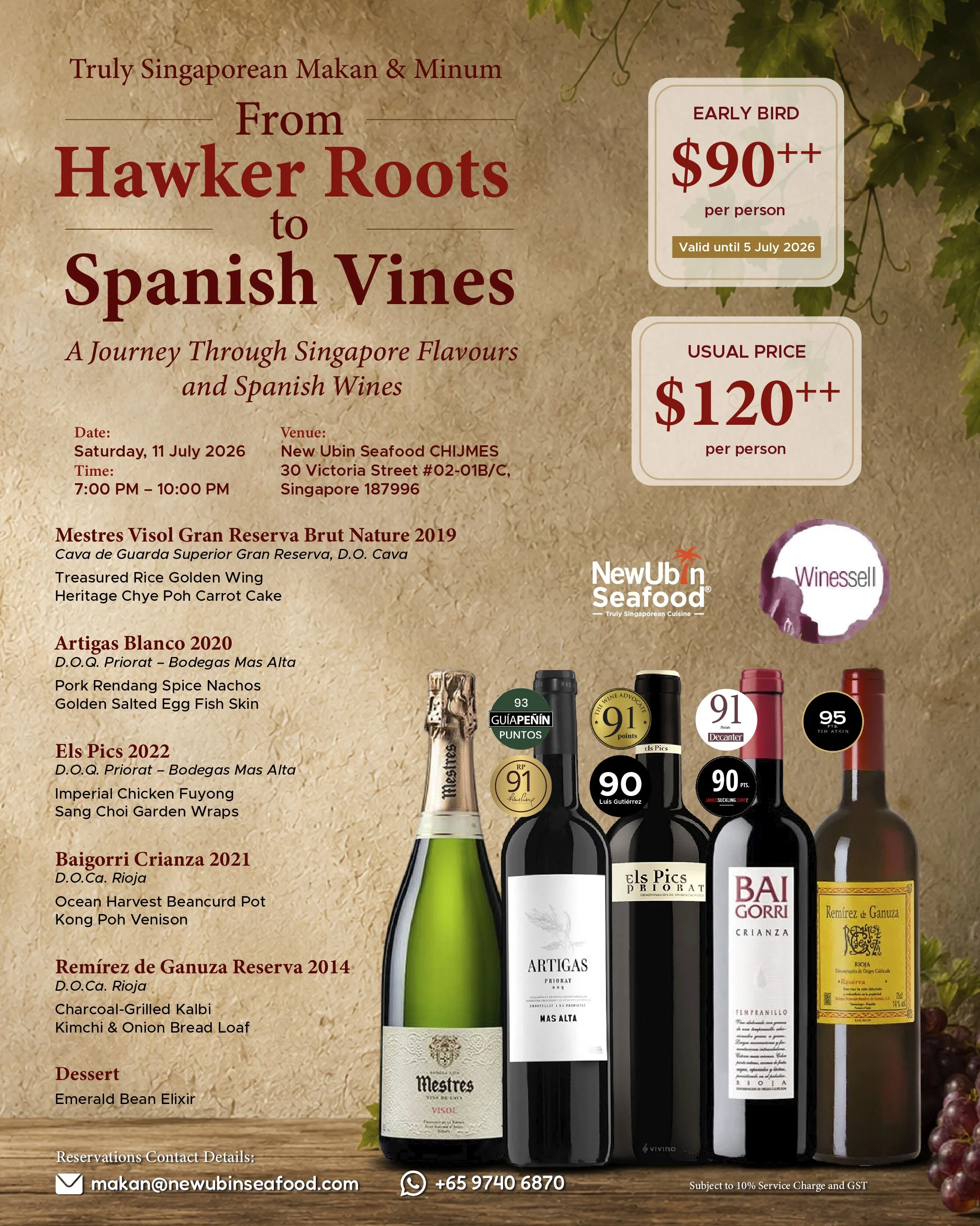New Ubin Seafood CHIJMES Spanish wine dinner 2026 featuring a curated pairing menu with Mestres, Priorat, Rioja and Baigorri wines, held on 11 July 2026 in Singapore, with early bird tickets at S$90++ per person.