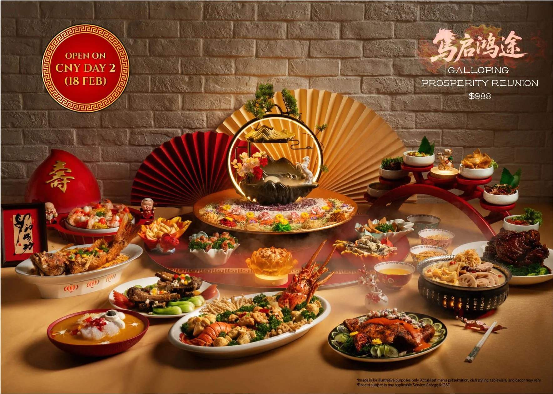 A festive spread of Chinese New Year dishes for the Year of the Fire Horse at New Ubin Seafood, featuring a gold badge stating Open on CNY Day 2 Feb 18