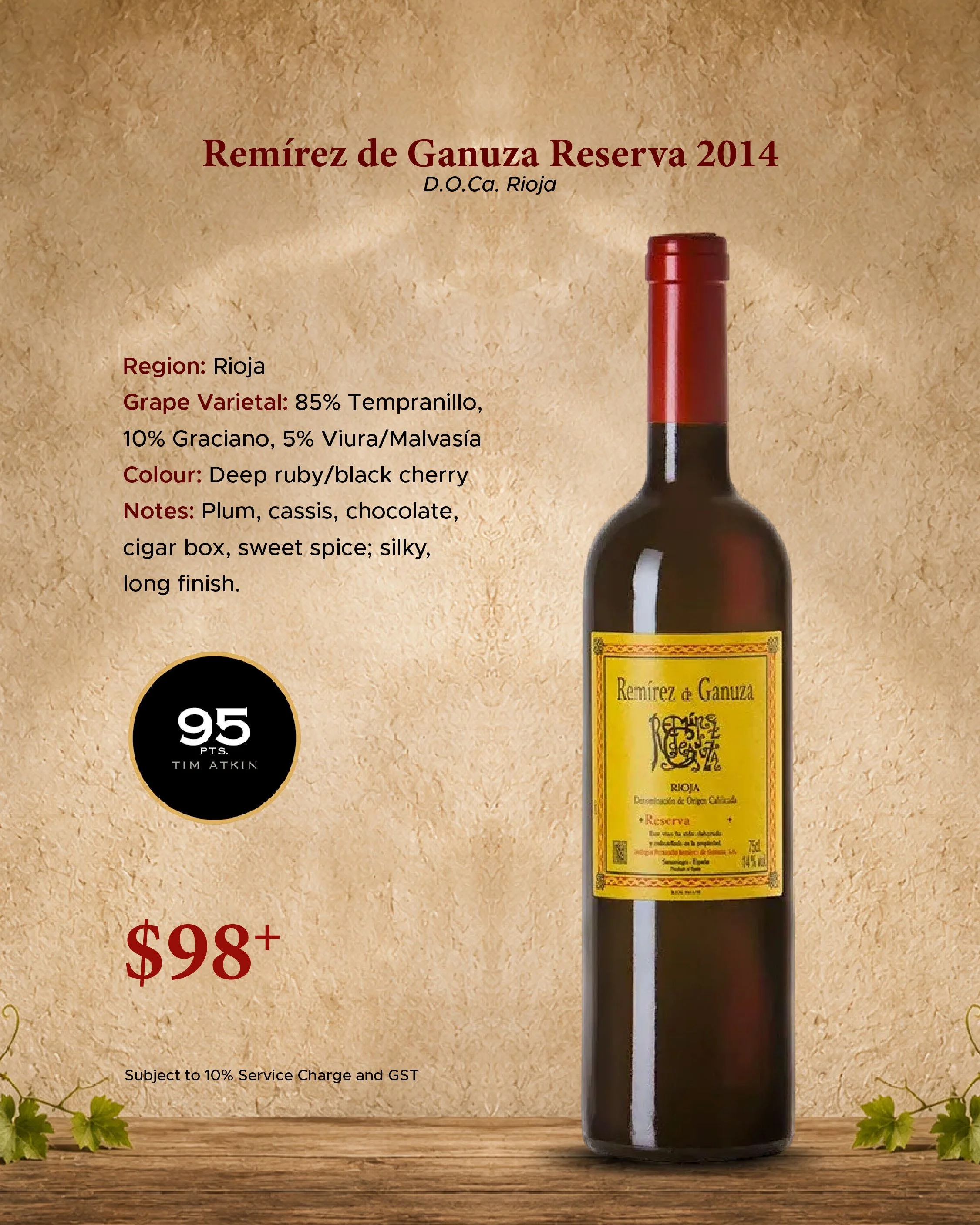 Remírez de Ganuza Reserva 2014 premium Rioja red wine with Tempranillo, Graciano and Viura grapes, featuring plum, cassis, chocolate and spice notes, priced at $98+.
