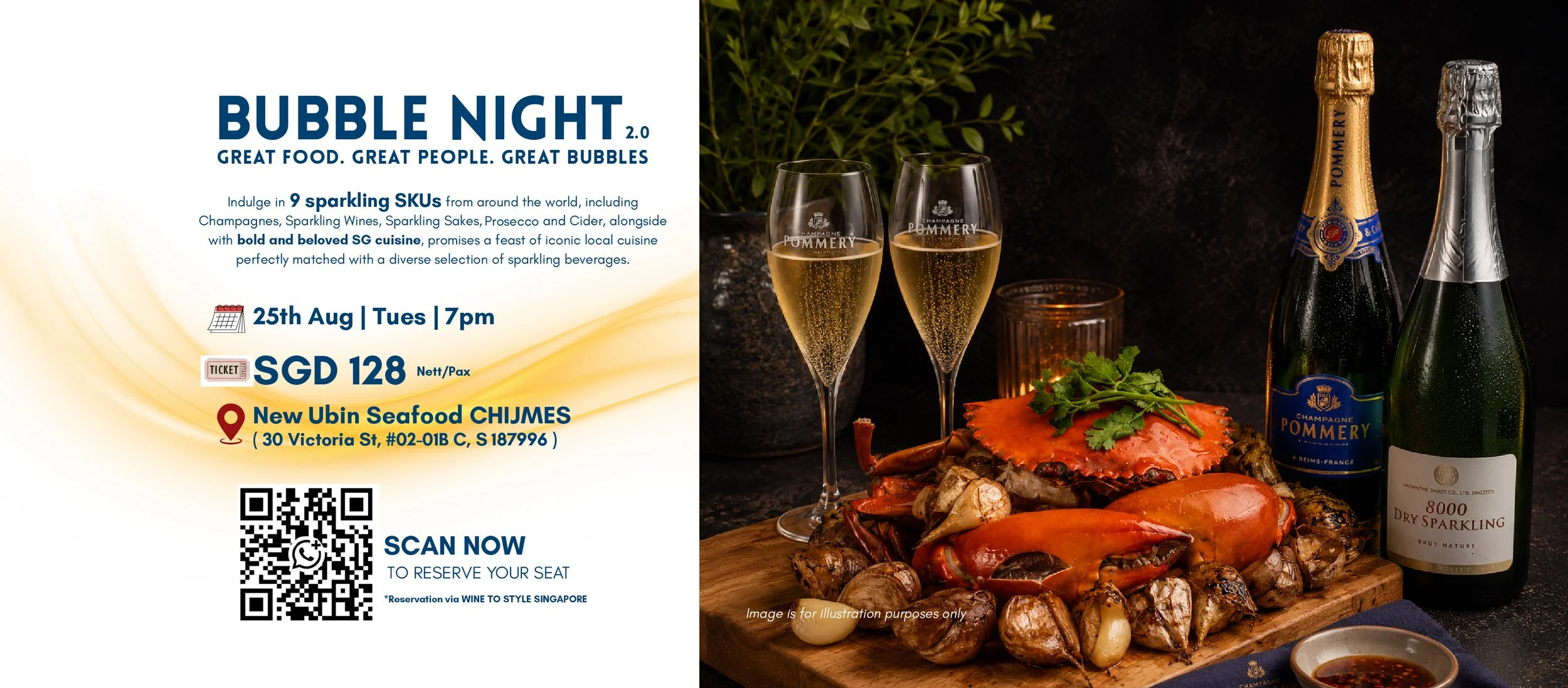 Experience Bubble Night 2.0 at New Ubin Seafood CHIJMES, featuring nine sparkling wines, sake, Prosecco and cider paired with Singaporean cuisine.