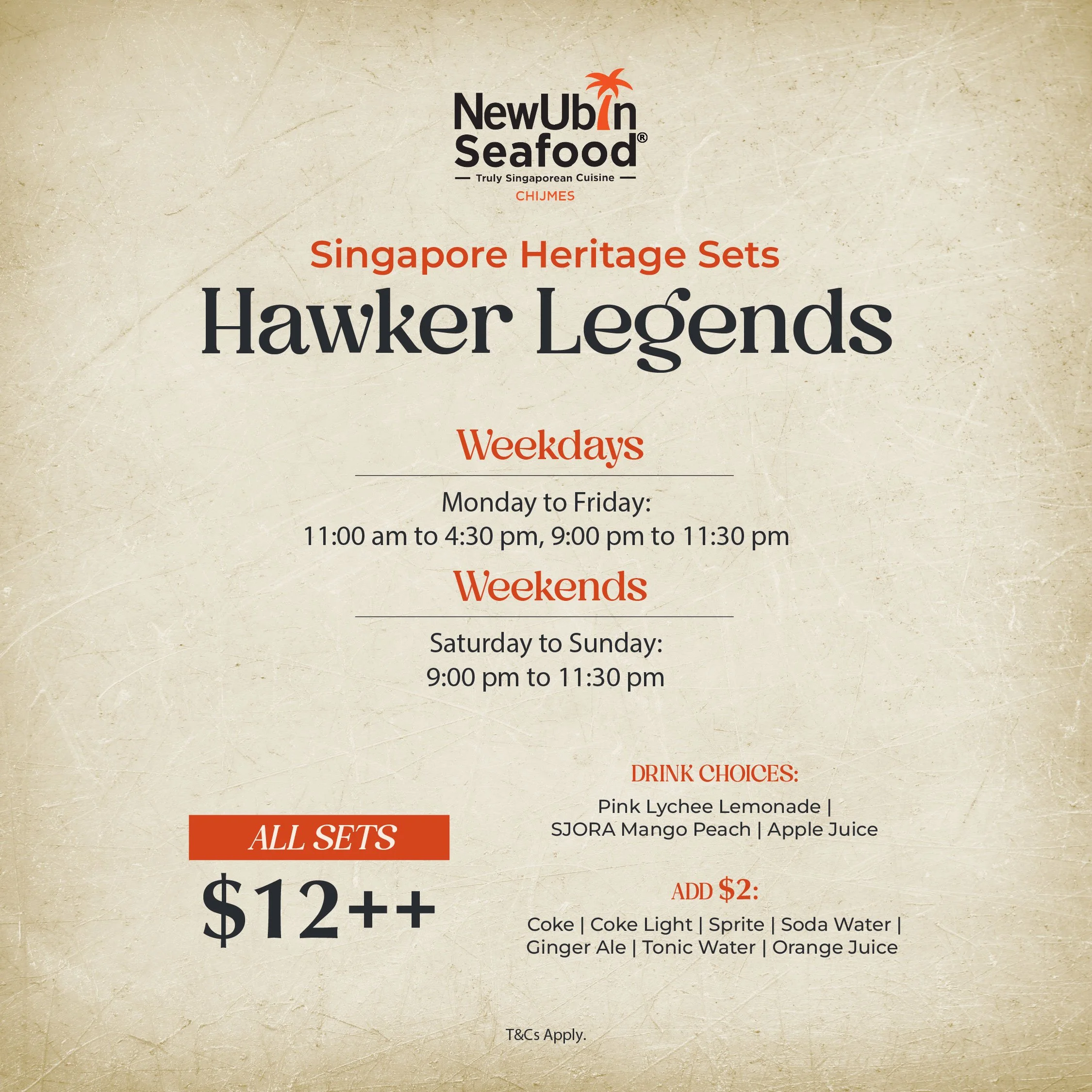 Experience authentic Singapore flavors with New Ubin Seafood CHIJMES’ Hawker Legends Heritage Sets from just $12++. Available weekdays and weekends, each set comes with refreshing drink options—perfect for affordable local dining in the heart of Sing