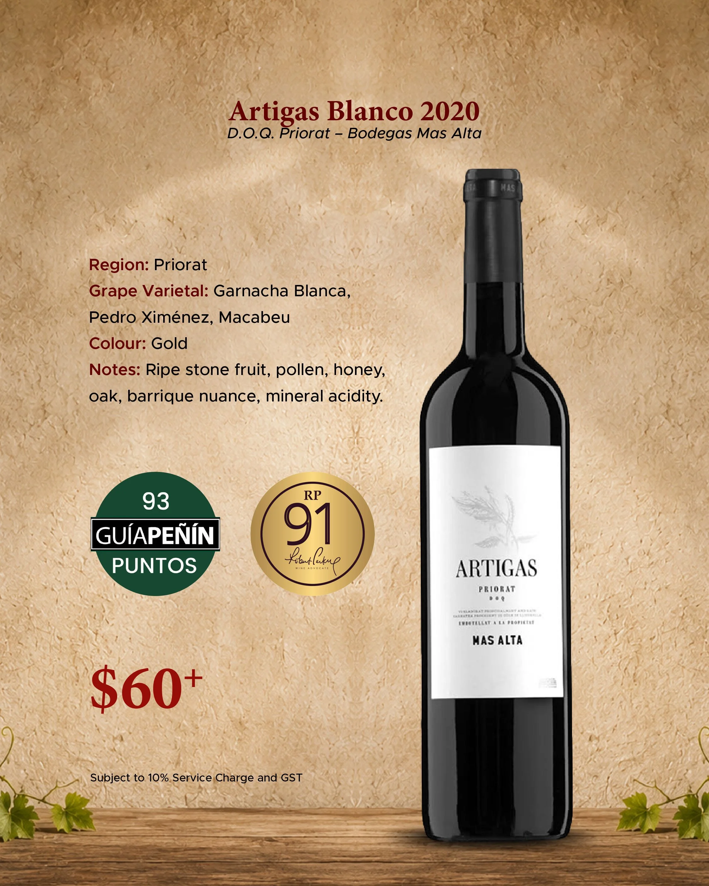Artigas Blanco 2020 white wine from Priorat, Spain, featuring Garnacha Blanca, Pedro Ximénez and Macabeu grapes, with honey, stone fruit and mineral notes, priced at $60+.