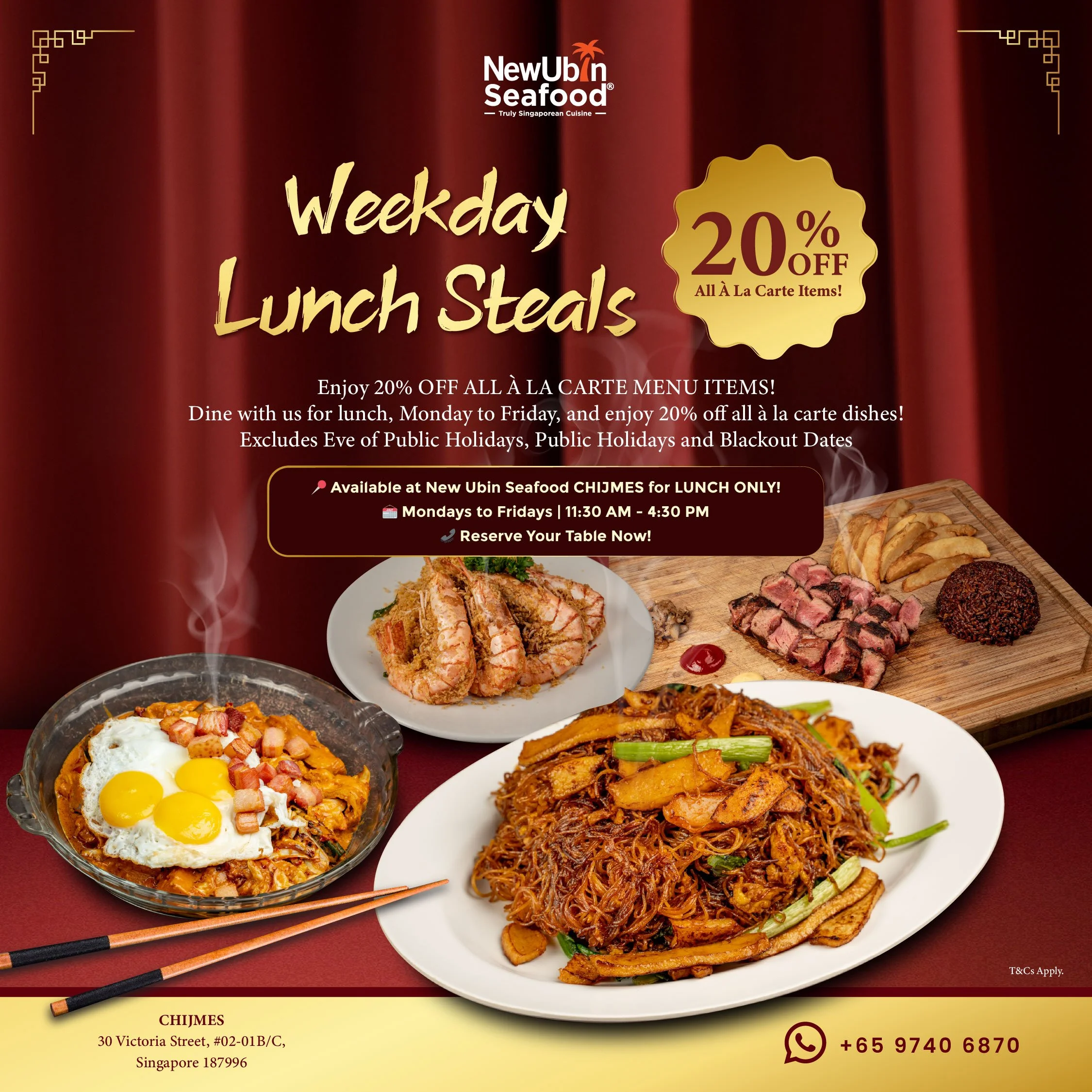 Advertisement for New Ubin Seafood featuring a weekday lunch special offering 20% off all à la carte menu items. The ad shows various Singaporean dishes like noodles, seafood, and meat platters. Promotion details include availability at CHIJMES outle
