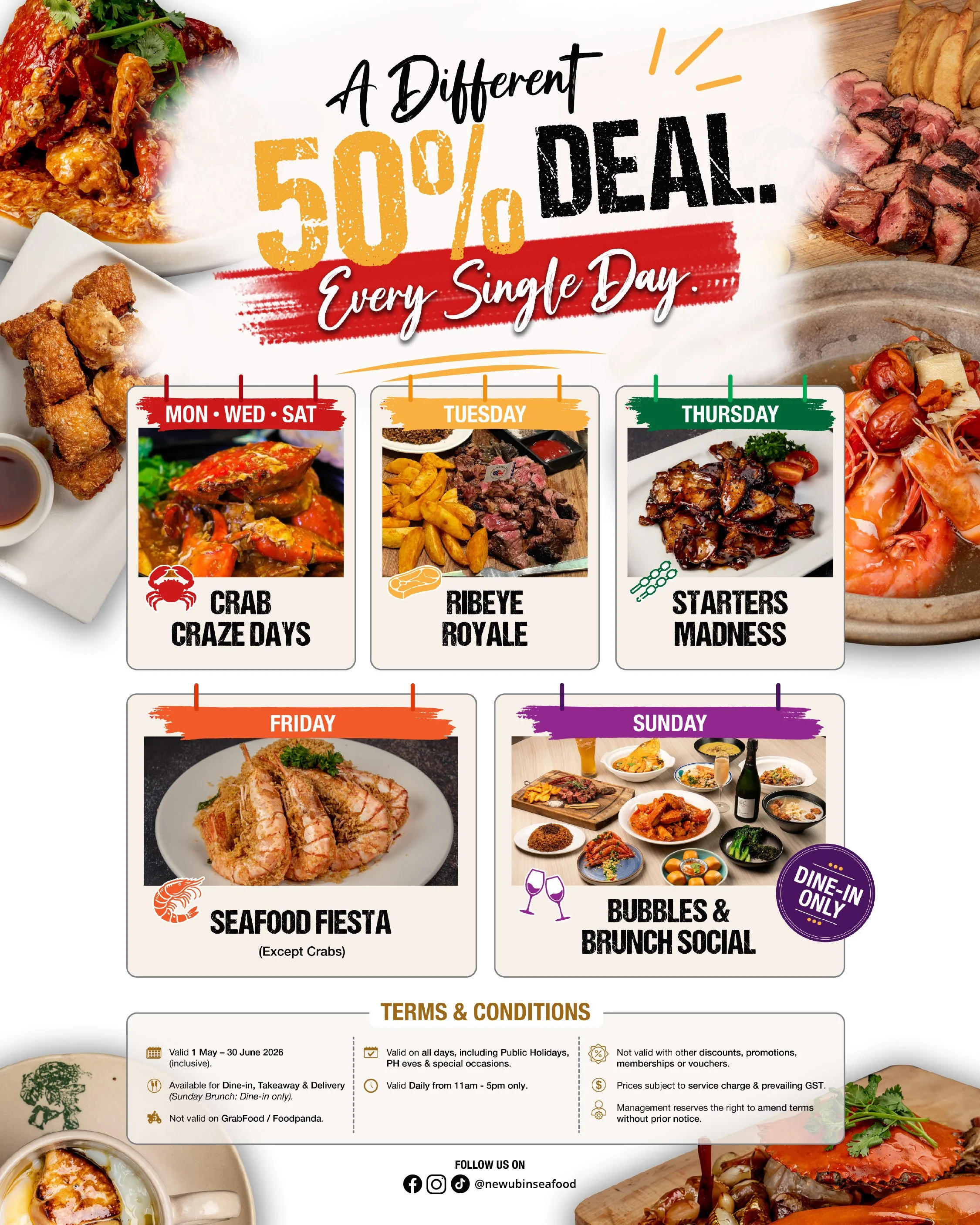 New Ubin Seafood CHIJMES 50 percent off daily deals Singapore seafood promotion crab ribeye brunch lunch specials
