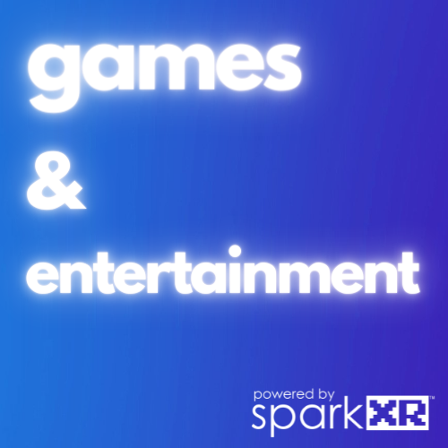 Blue background with white text that reads "games & entertainment," and a small logo at the bottom right that says "powered by sparkXR."