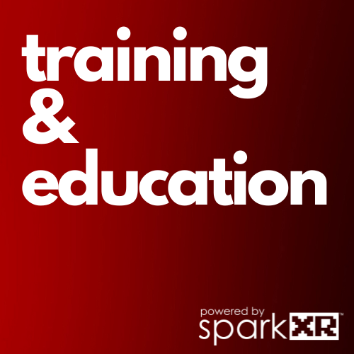Text on a red gradient background reading 'training & education' with a smaller text at the bottom right saying 'powered by spark XR'.