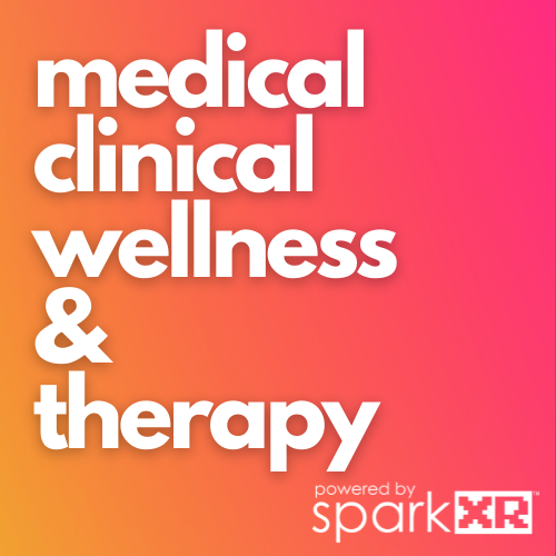 Text reading 'medical, clinical, wellness & therapy powered by spark XR' on a pink and orange gradient background.