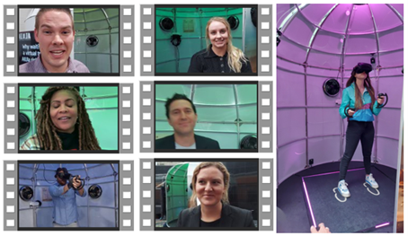 Six people, three men and three women,  in or beside Spark XR's sensory reality Pod