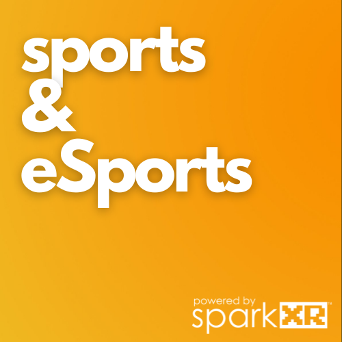 Orange background with white text saying 'sports & eSports' and a logo at the bottom right that reads 'powered by sparkXR'.