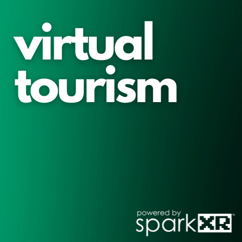 Green background with the white text 'virtual tourism' and smaller text 'powered by sparkXR' in the bottom right corner.