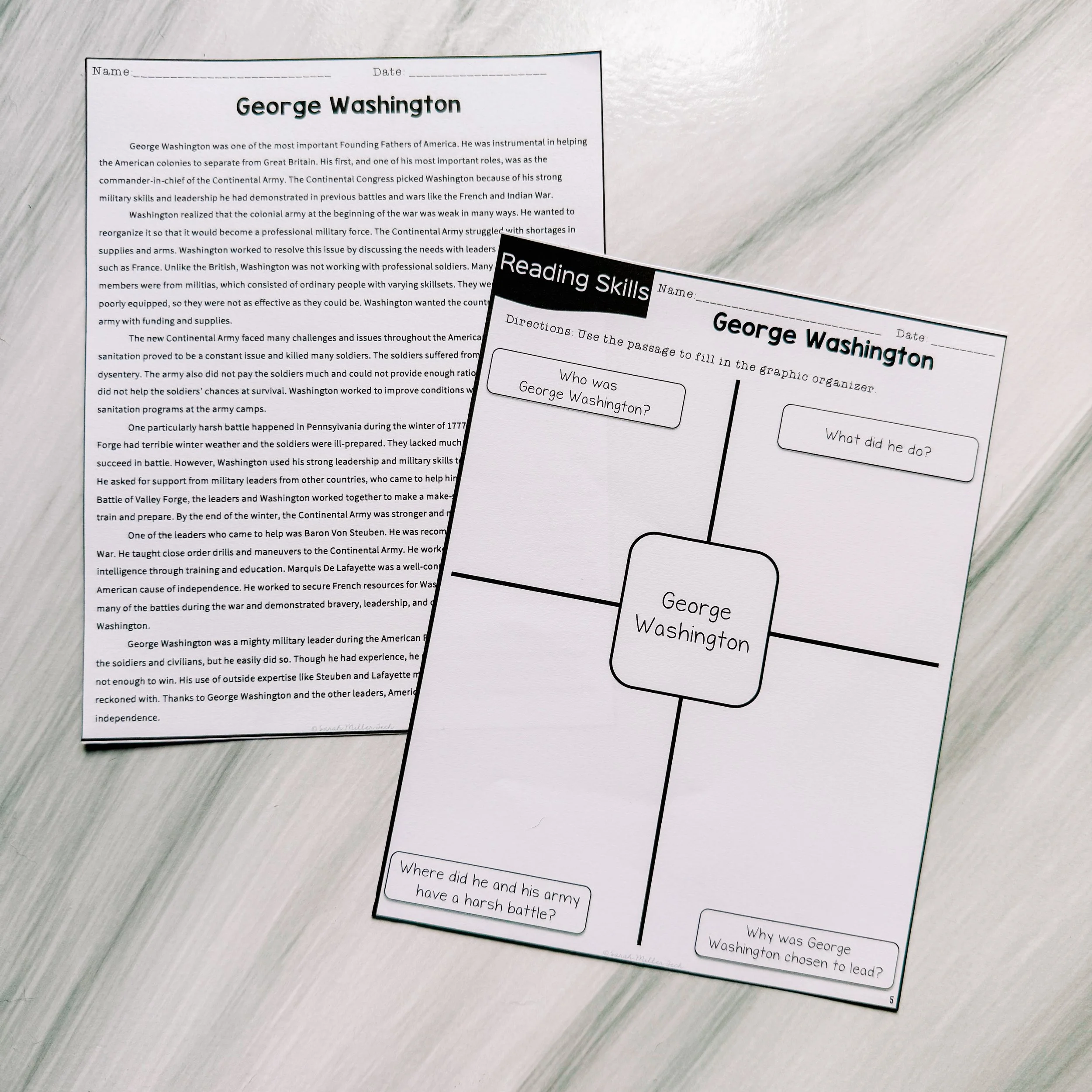 printed version of nonfiction reading pasage and graphic organizer