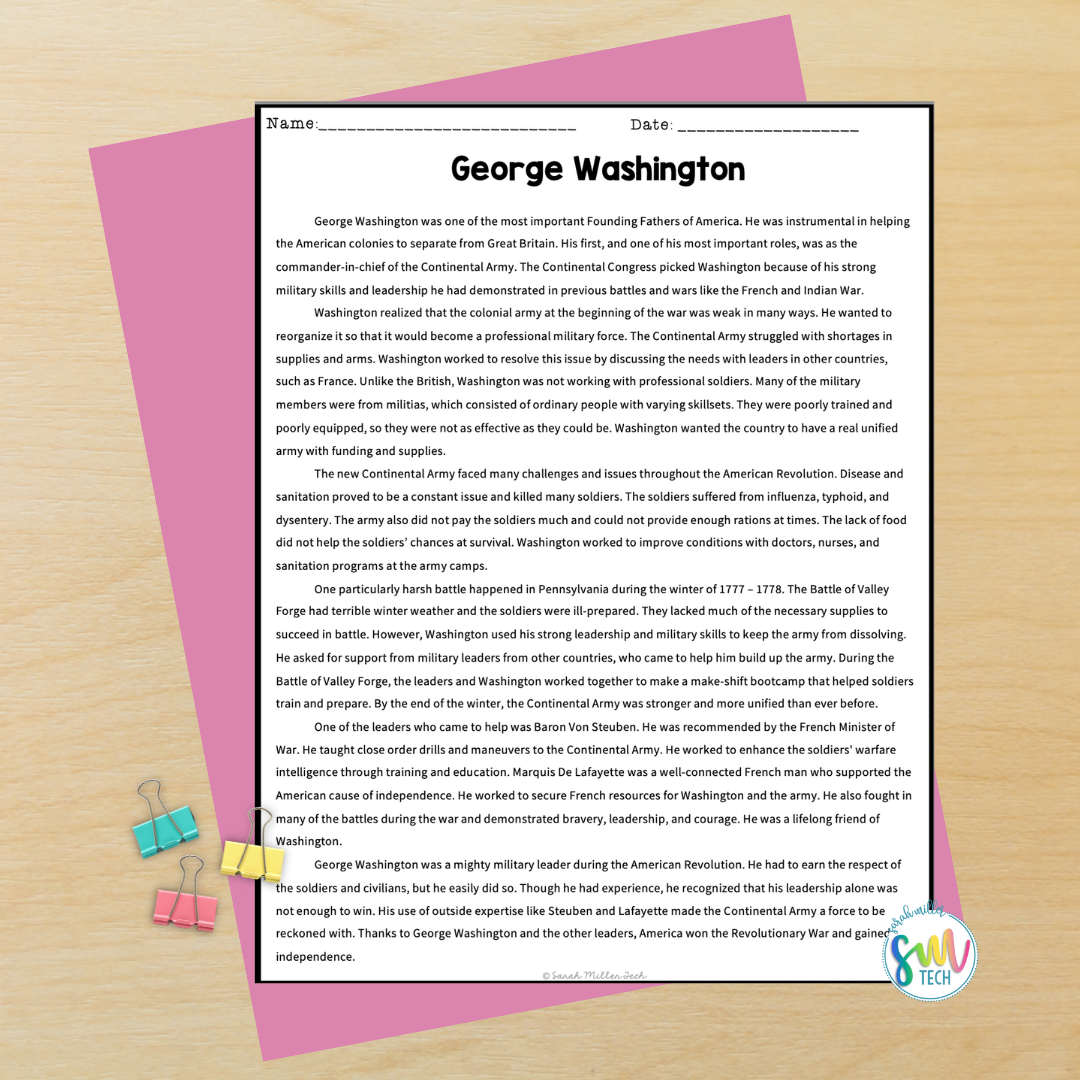 nonfiction George Washington reading passage overlay on pink paper