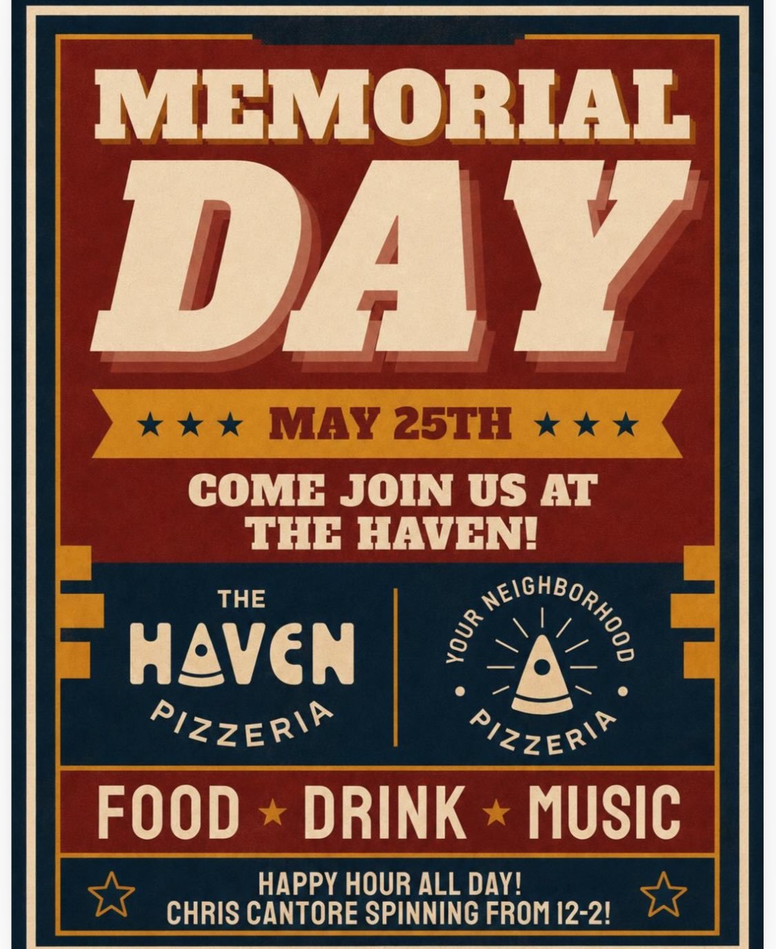 🇺🇸 Memorial Day at The Haven 🇺🇸

Join us after the parade!🇺🇸

Great drinks, great music, and the perfect way to spend your holiday in Kensington.

🎧 The man,the myth,  the legend @chriscantore will be spinning  from 12PM&ndash;2PM!

Enjoy our 