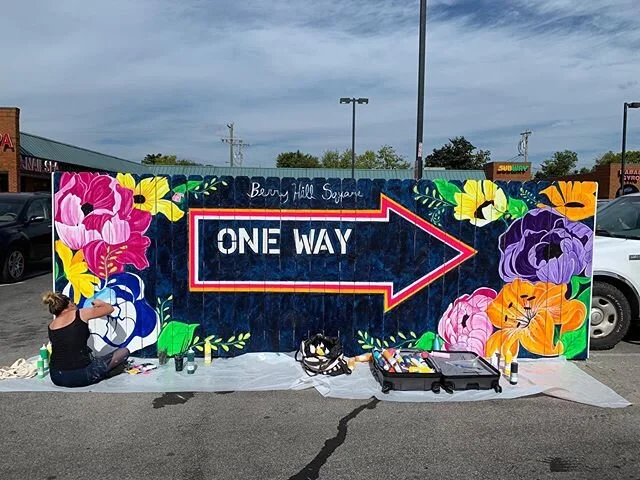 Making parking lots pretty #whatcreativegroup #berryhill #oneway #tmamurals #tarawashere #ladieswhopaint #nashville #nashvilleart #nashvillemural #wallartist #streetartphotography #streetartlovers #nashvillemurals #murals #artdaily #urbanart #streeta