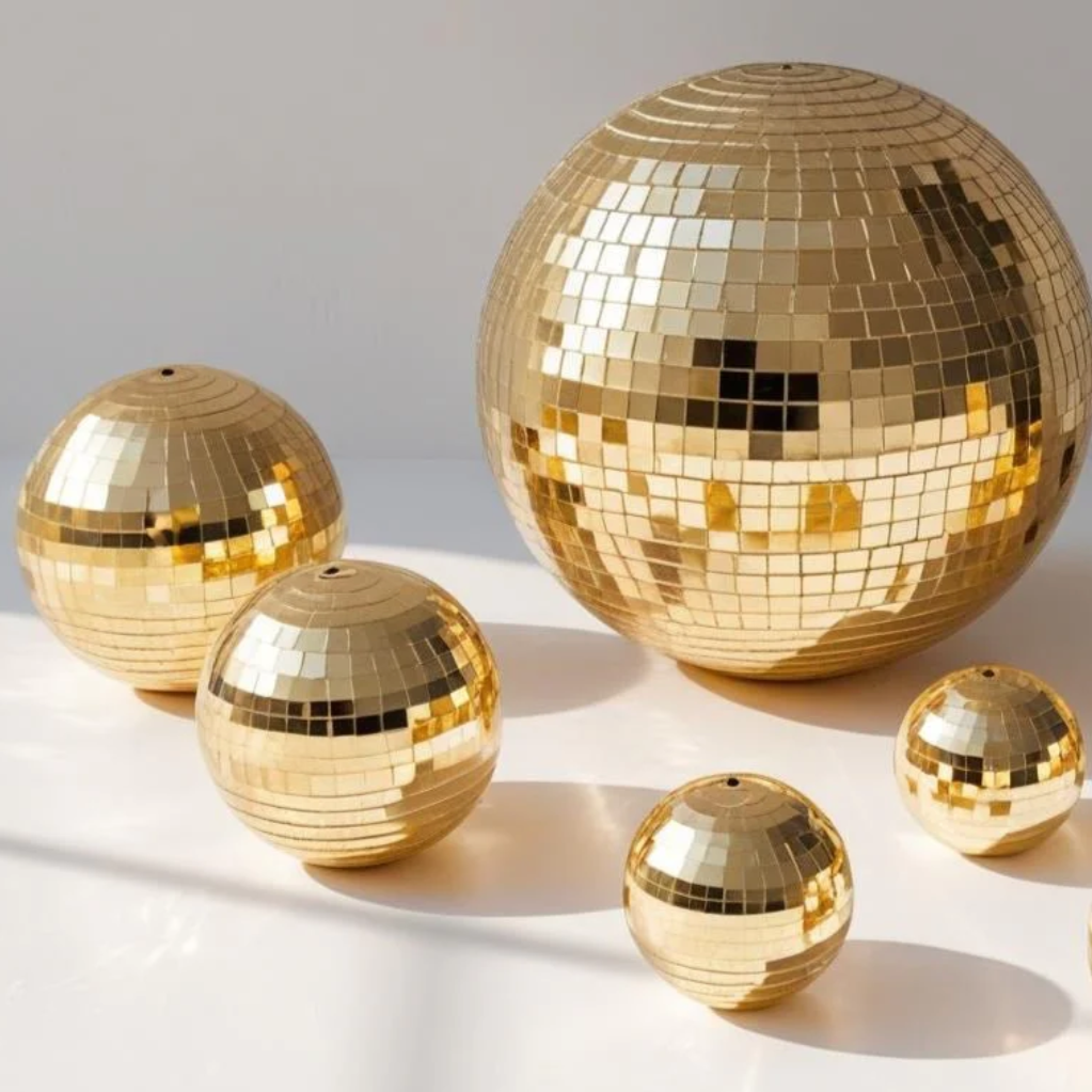 gold disco balls, 6" & 8" diameter