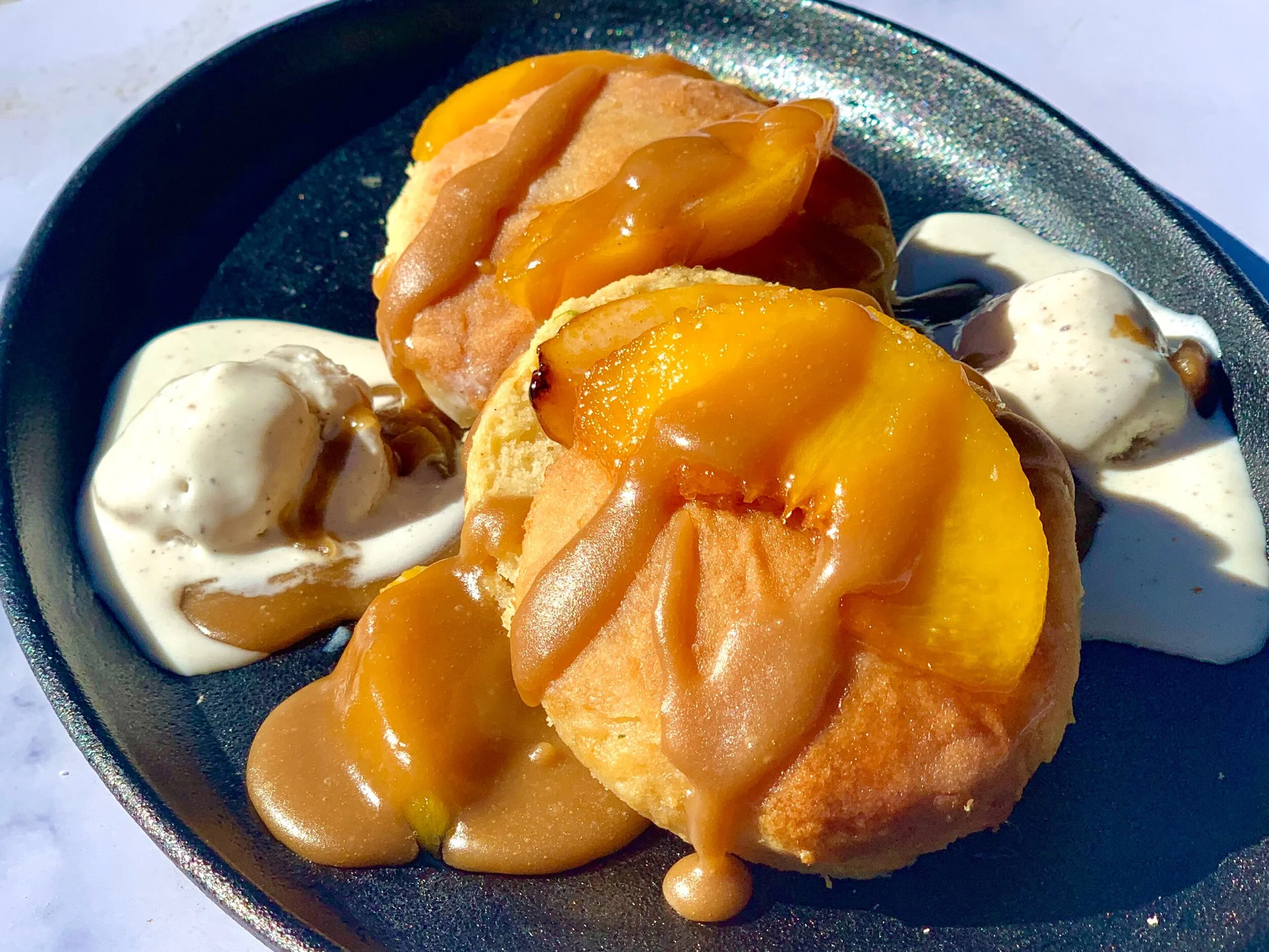 Honey-Peach Biscuits with Vanilla Ice Cream & Brown Sugar Drizzle