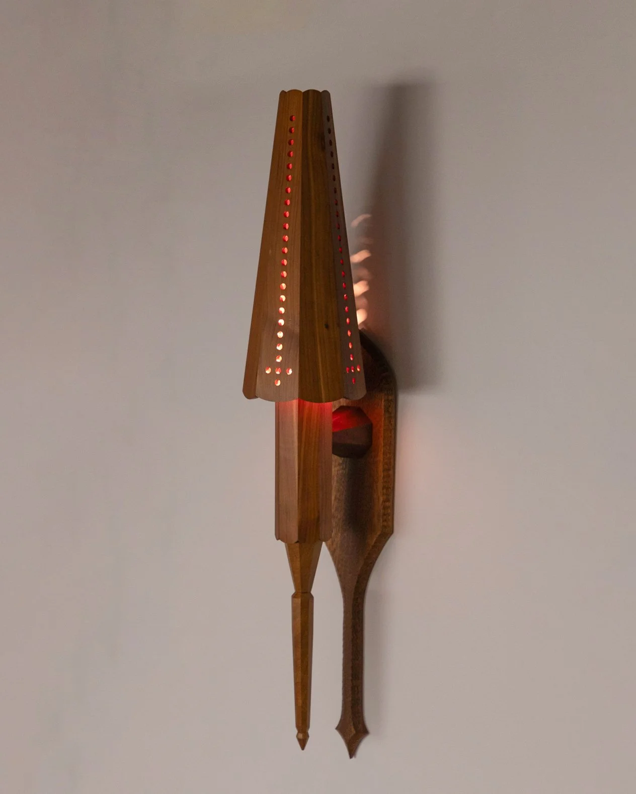 Guiding Light of Sulyvahn. Red Cedar, Cherry, Mahogany, 6" x 4" x 22". Exhibited at DUDD LITE, May 17 - June 25, 2026