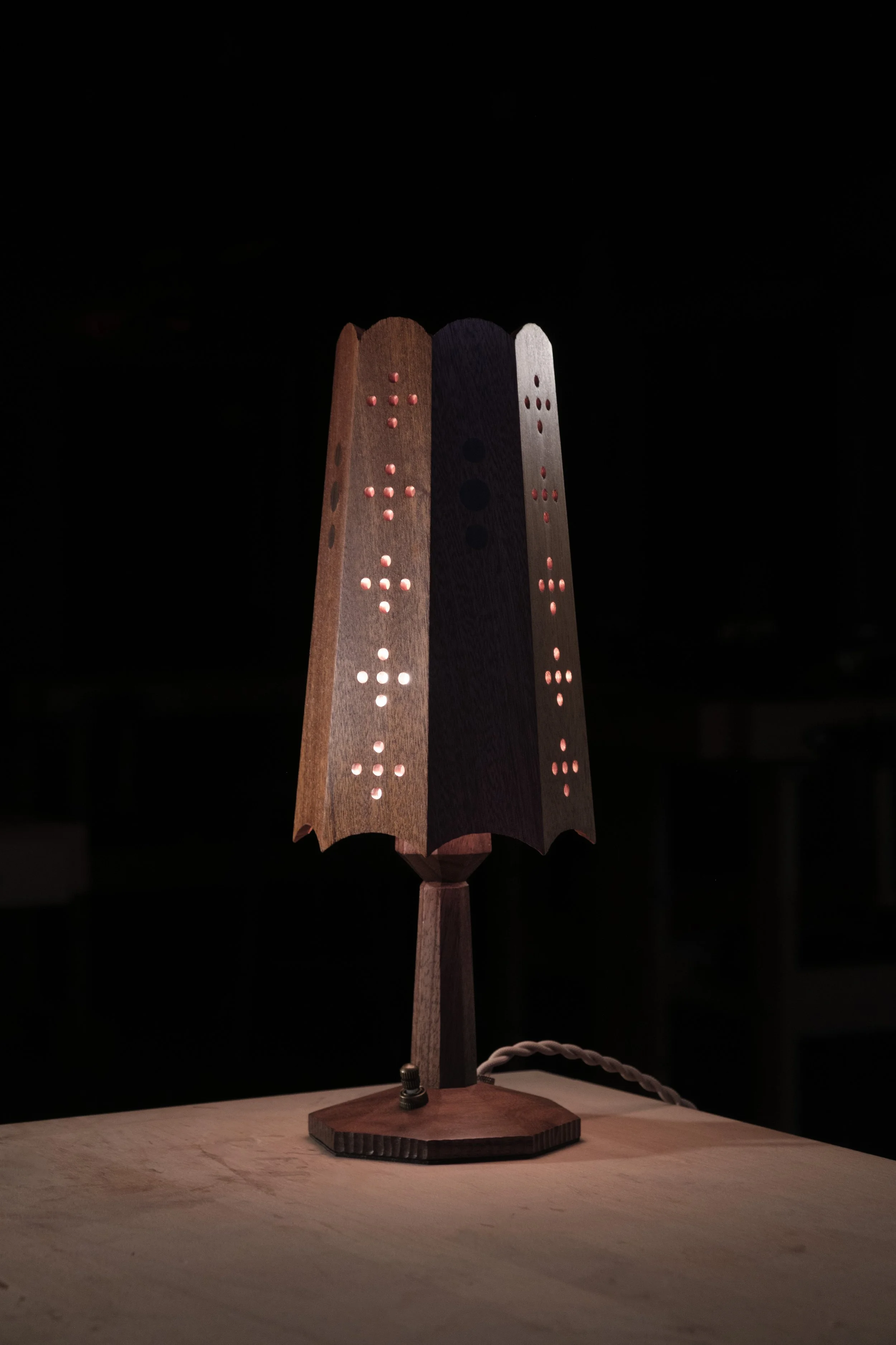 Pontiff's Desk Lamp. Mahogany, walnut, 5" x 5" x 16". Exhibited at Put Together: a NYCxDesign Pop-up hosted by Placed Gallery. Inquiries can be made through Placed Gallery.