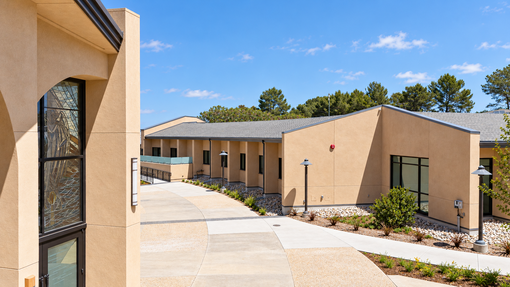 Sunlit campus church with stained glass.png