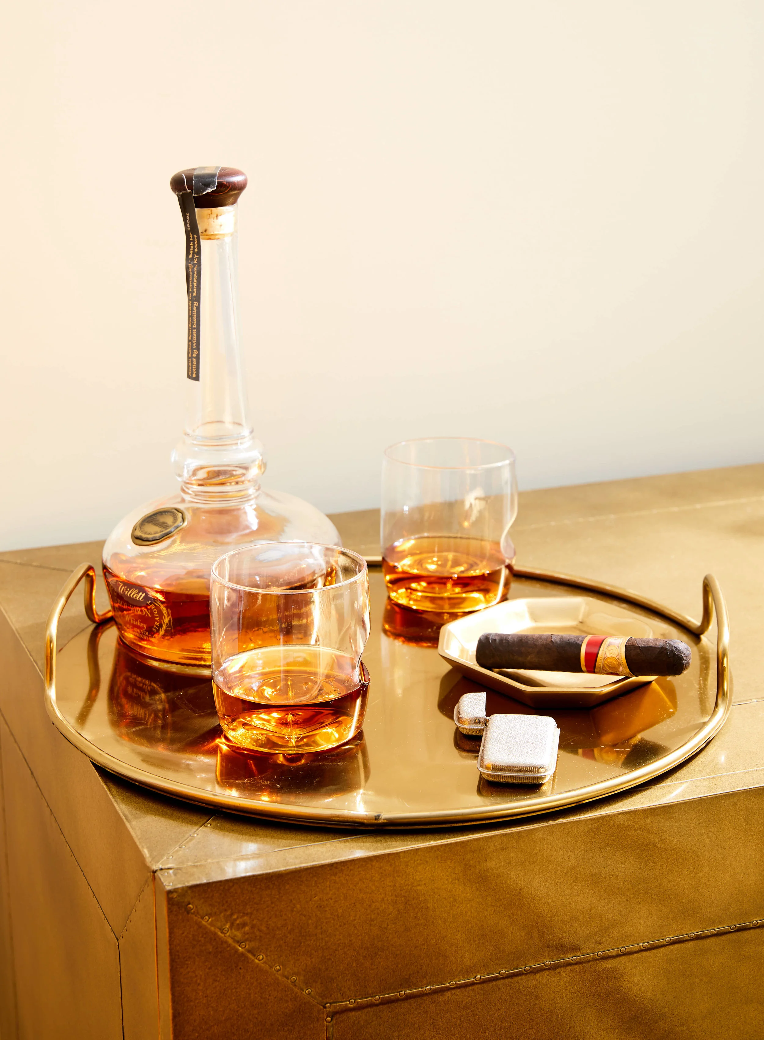 kate sears editorial nyc art director govino unbreakable glass whiskey whisky bourbon cigar gold bar cart tray cocktail happy hour modern shot