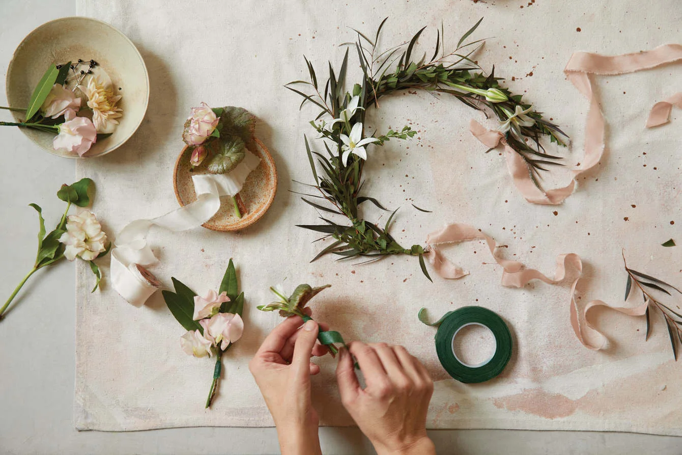 sierra steifman nyc art director photographer lifestyle editorial ayesha patel the floral society wreath workshop craft tiara headband wreath pink petal ribbon garland accessories