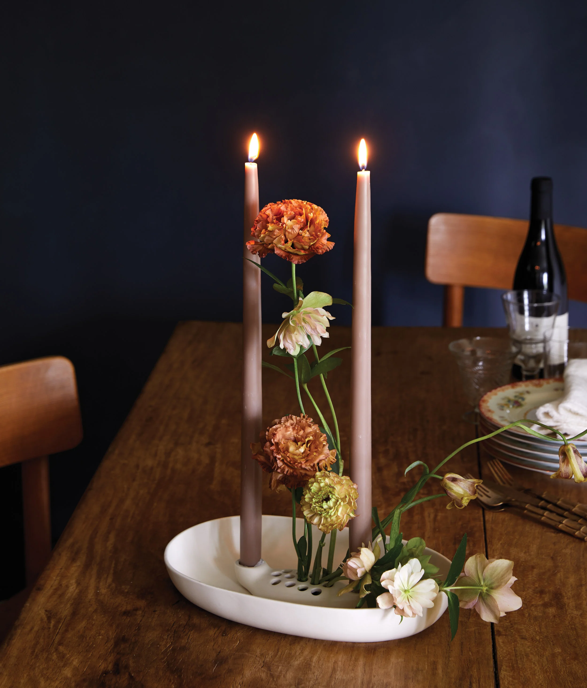 kate sears sierra steifman nyc art director photographer lifestyle editorial the floral society white ceramic flower frog taper candle combo dining table centerpiece design interiors