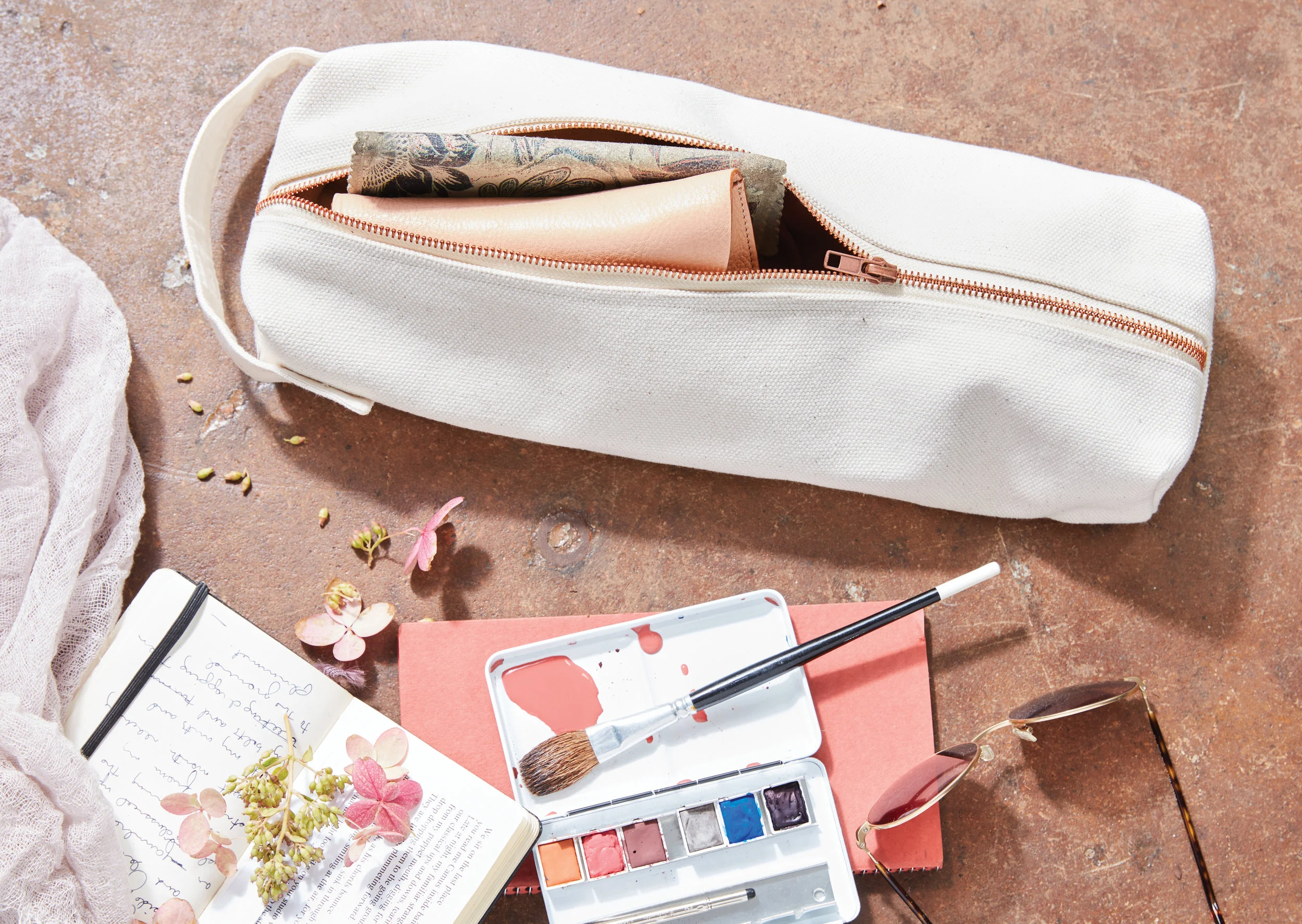 ayesha patel sierra steifman nyc art director photographer lifestyle editorial the floral society canvas utility pouch design watercolors artist glasses journal copper pink paint creative ideas gifts