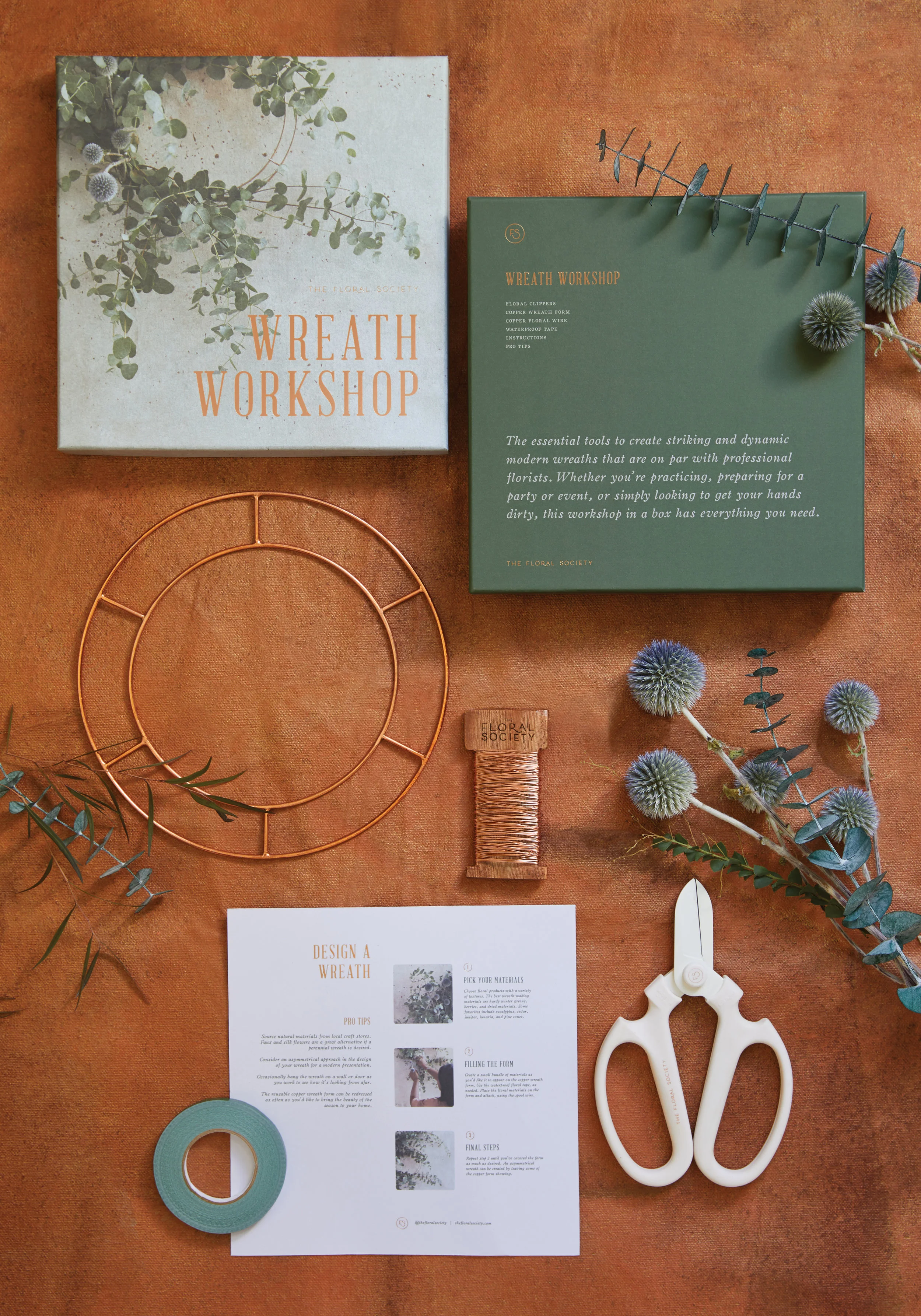 how-to sierra steifman nyc art director photographer lifestyle editorial graphic designer the floral society wreath workshop kit box packaging design copper foil door clippers tape wire home 