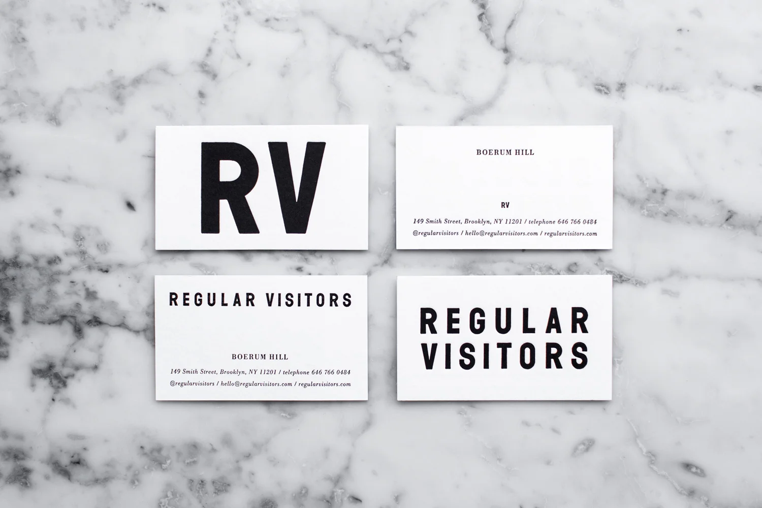 aesthetic movement graphic designer nyc regular visitors design branding logo boerum hill brooklyn retail stationery black white typography RV business cards marble surface