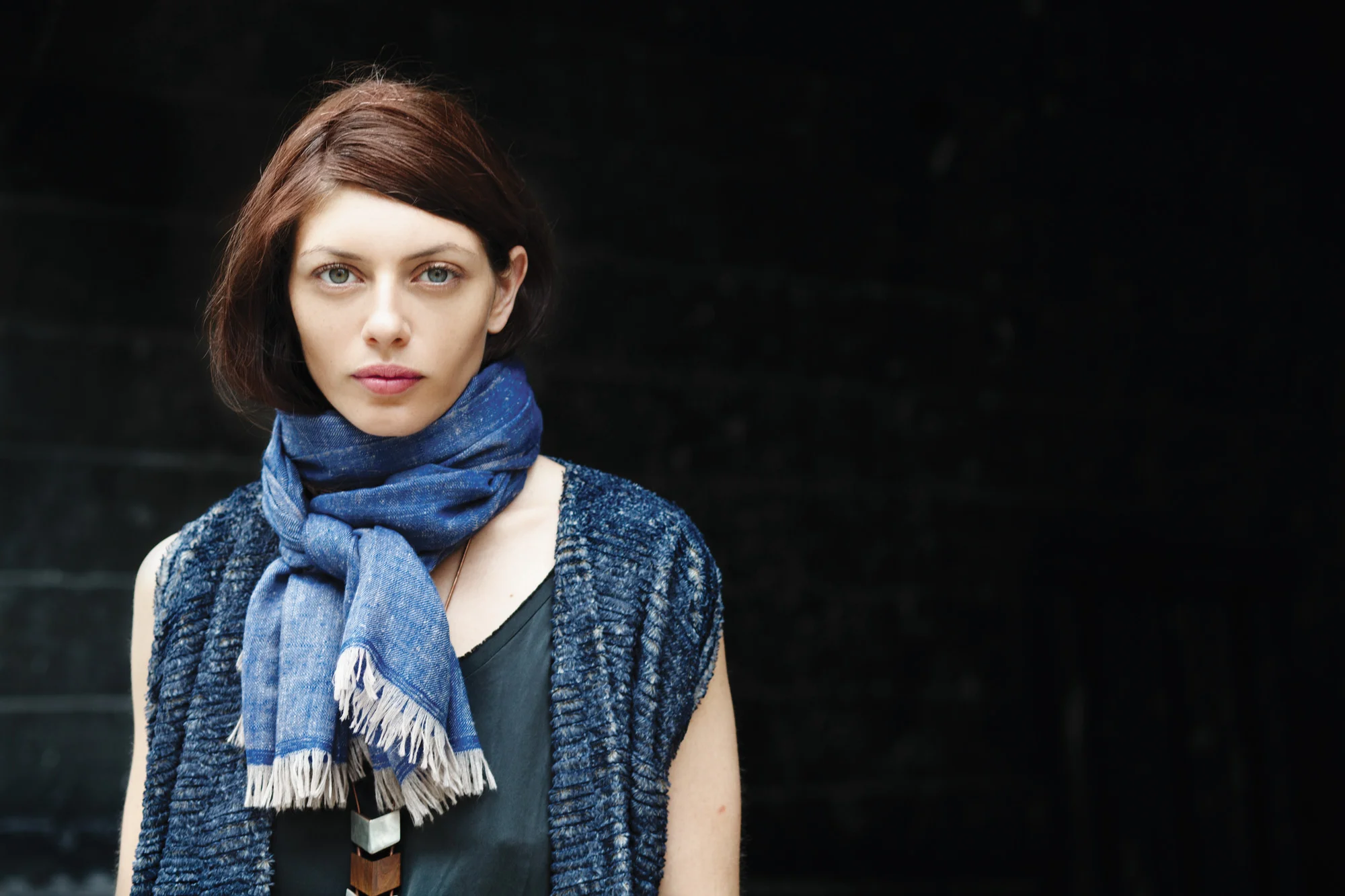 nyc art director accessories apparel andraab catalog design photo shoot shawls scarves scarf indigo blue neck tie brunette